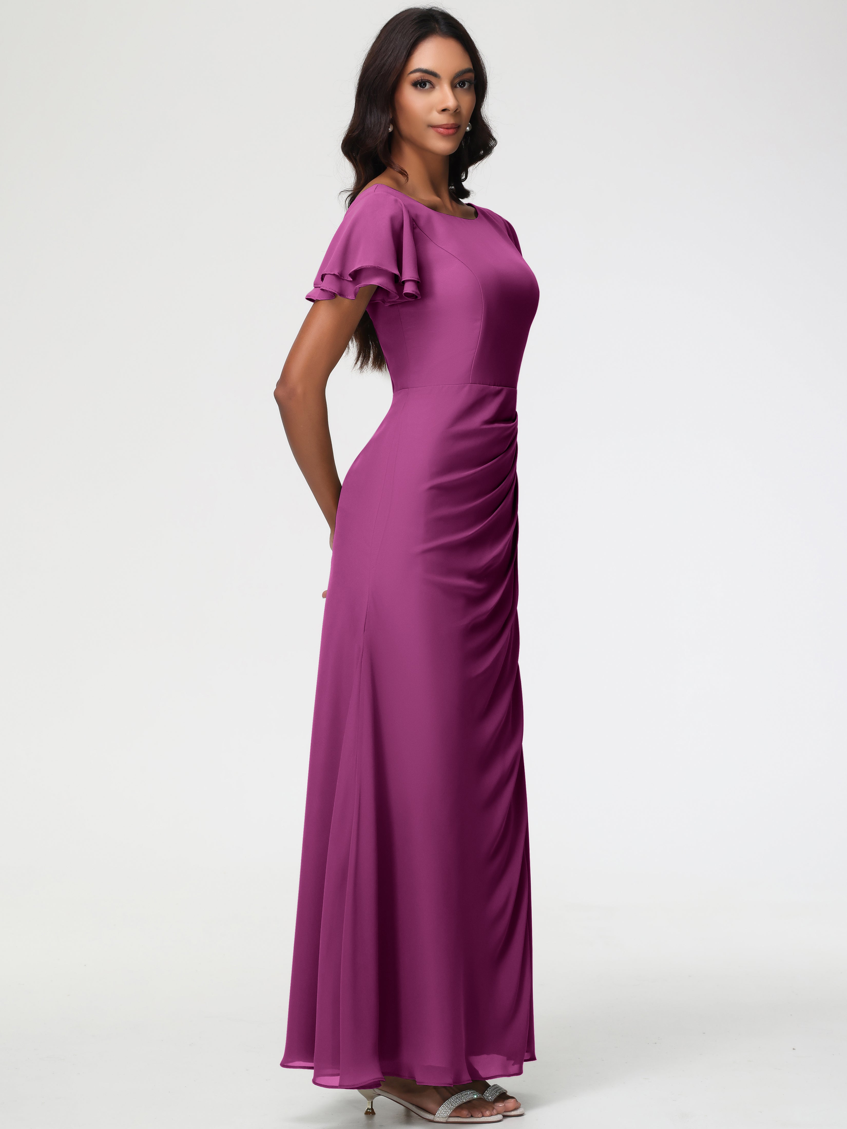 Sheath/Column Short Sleeves Split Long Chiffon Bridesmaid Dresses (Copy)
