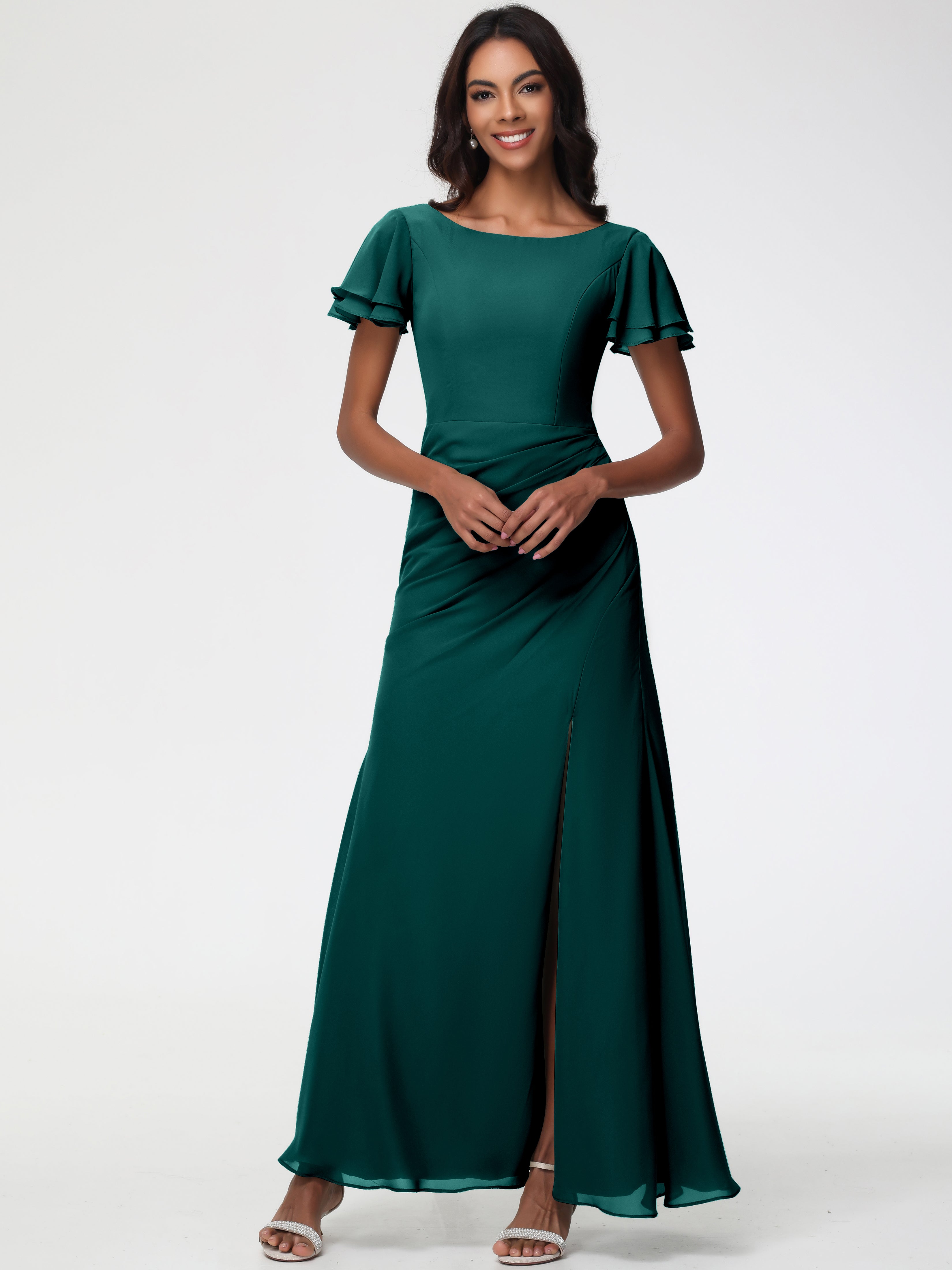 Sheath/Column Short Sleeves Split Long Chiffon Bridesmaid Dresses (Copy)