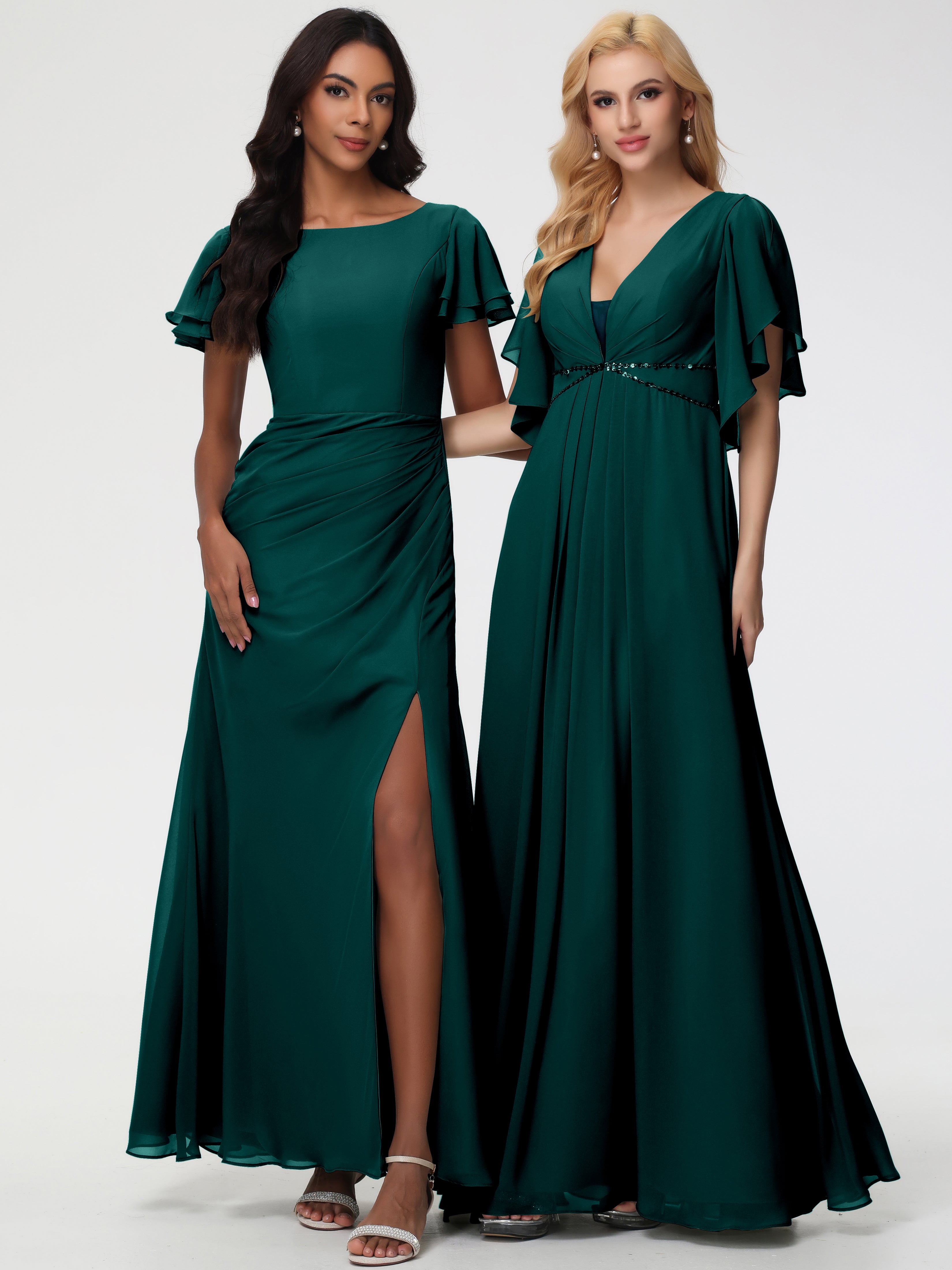 Sheath/Column Short Sleeves Split Long Chiffon Bridesmaid Dresses (Copy)