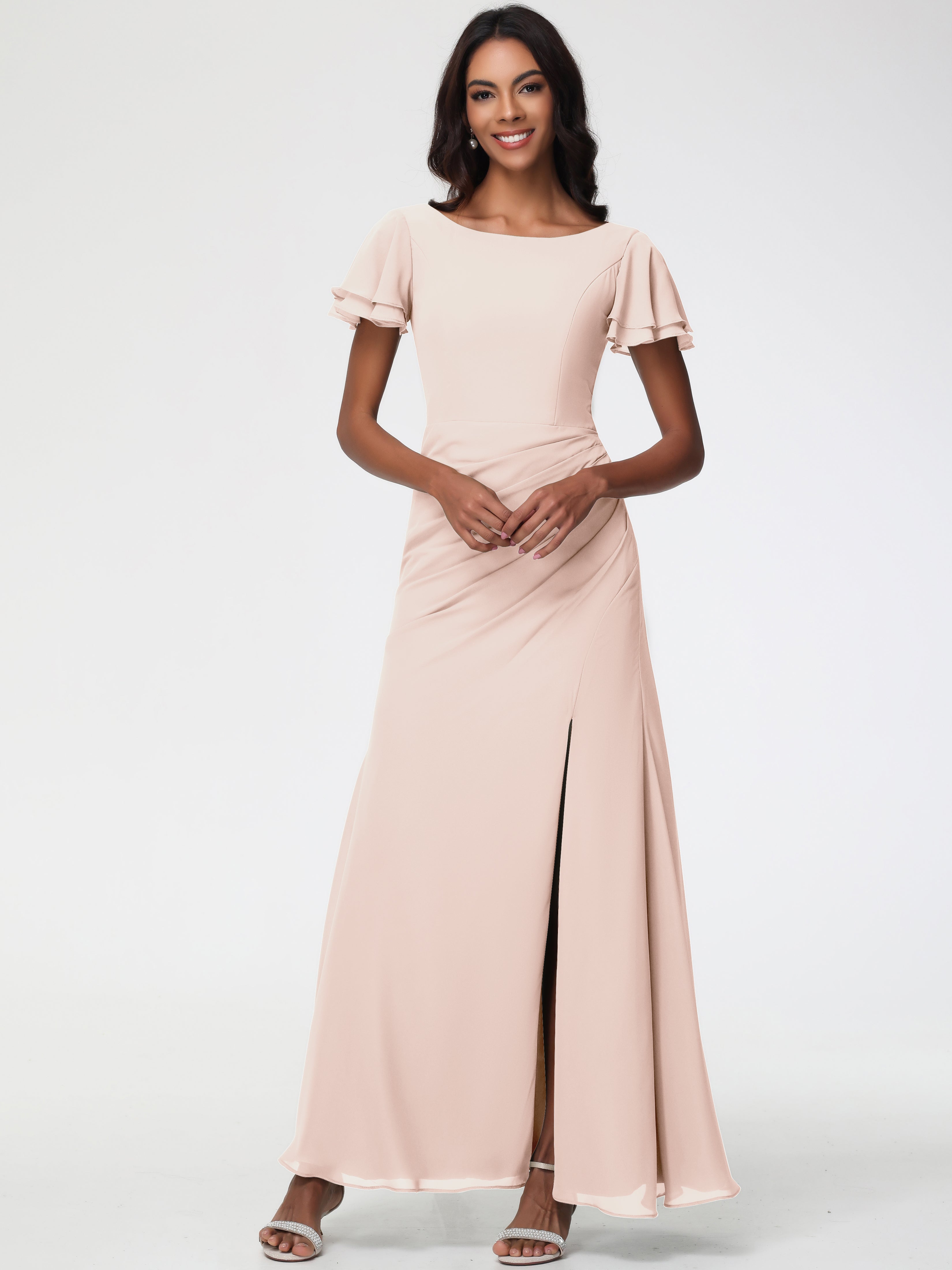 Sheath/Column Short Sleeves Split Long Chiffon Bridesmaid Dresses (Copy)