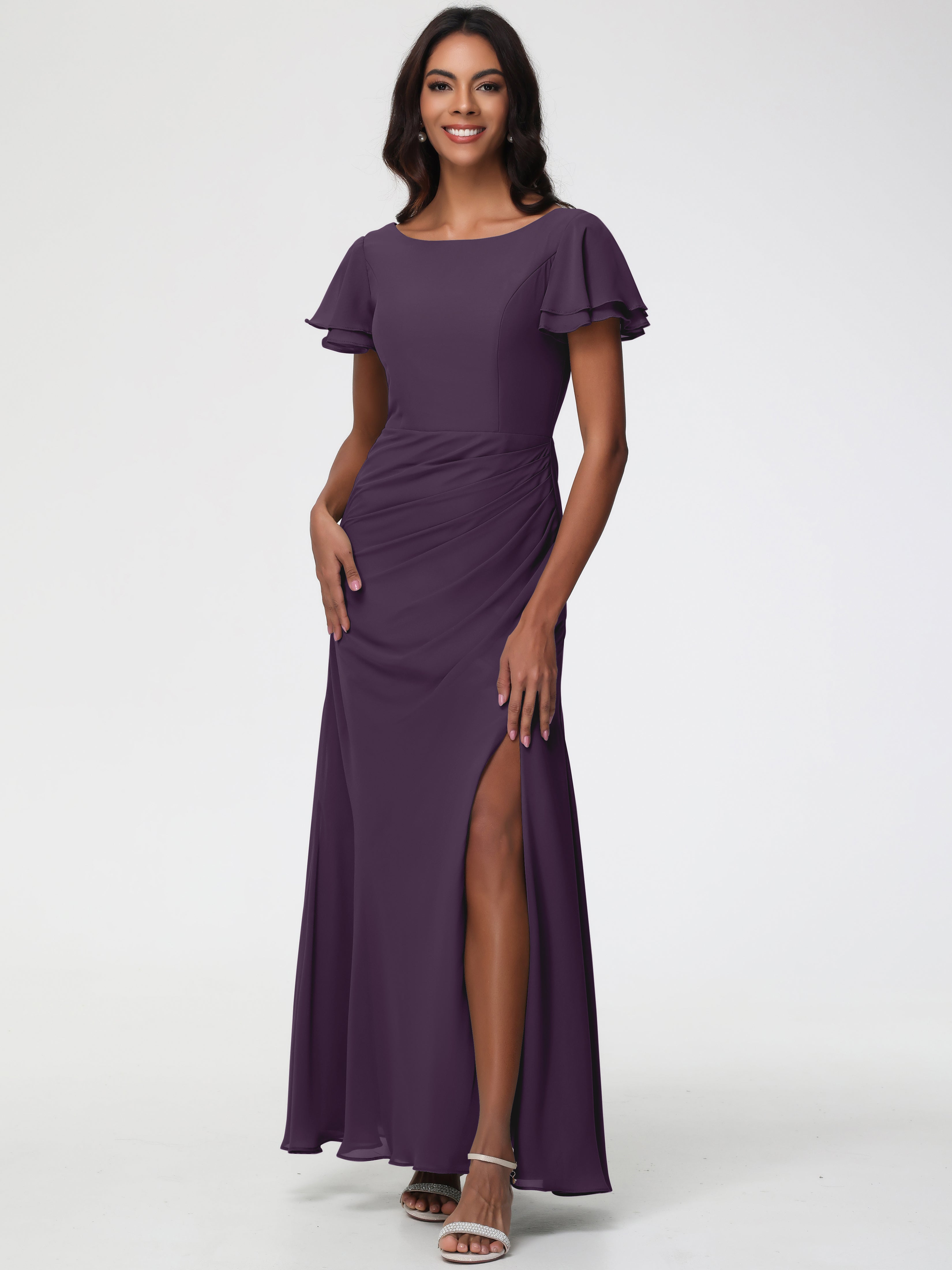 Plum Bridesmaid Dress Sheath/Column Short Sleeves Split Long Chiffon B