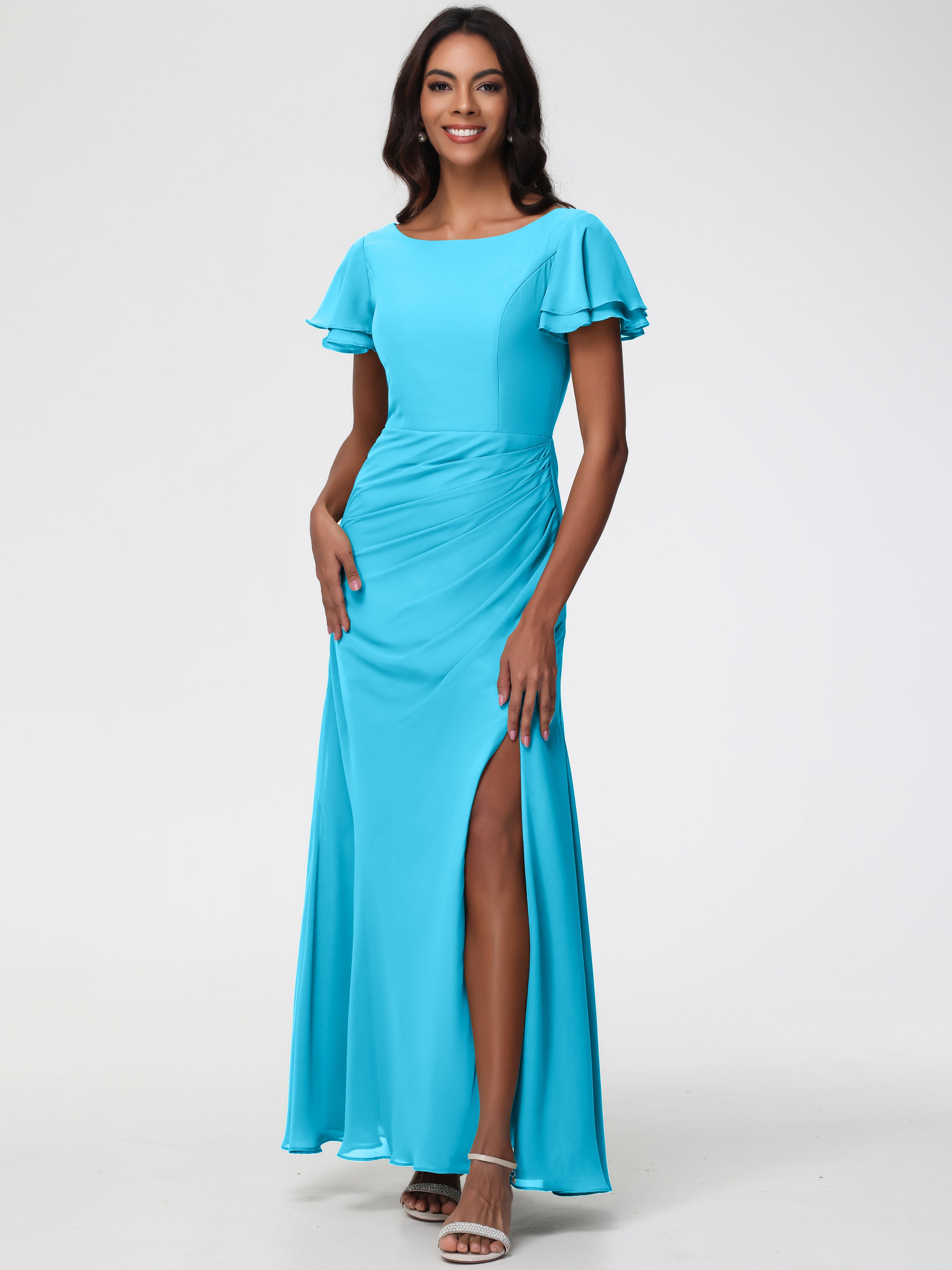 Sheath/Column Short Sleeves Split Long Chiffon Bridesmaid Dresses (Copy)