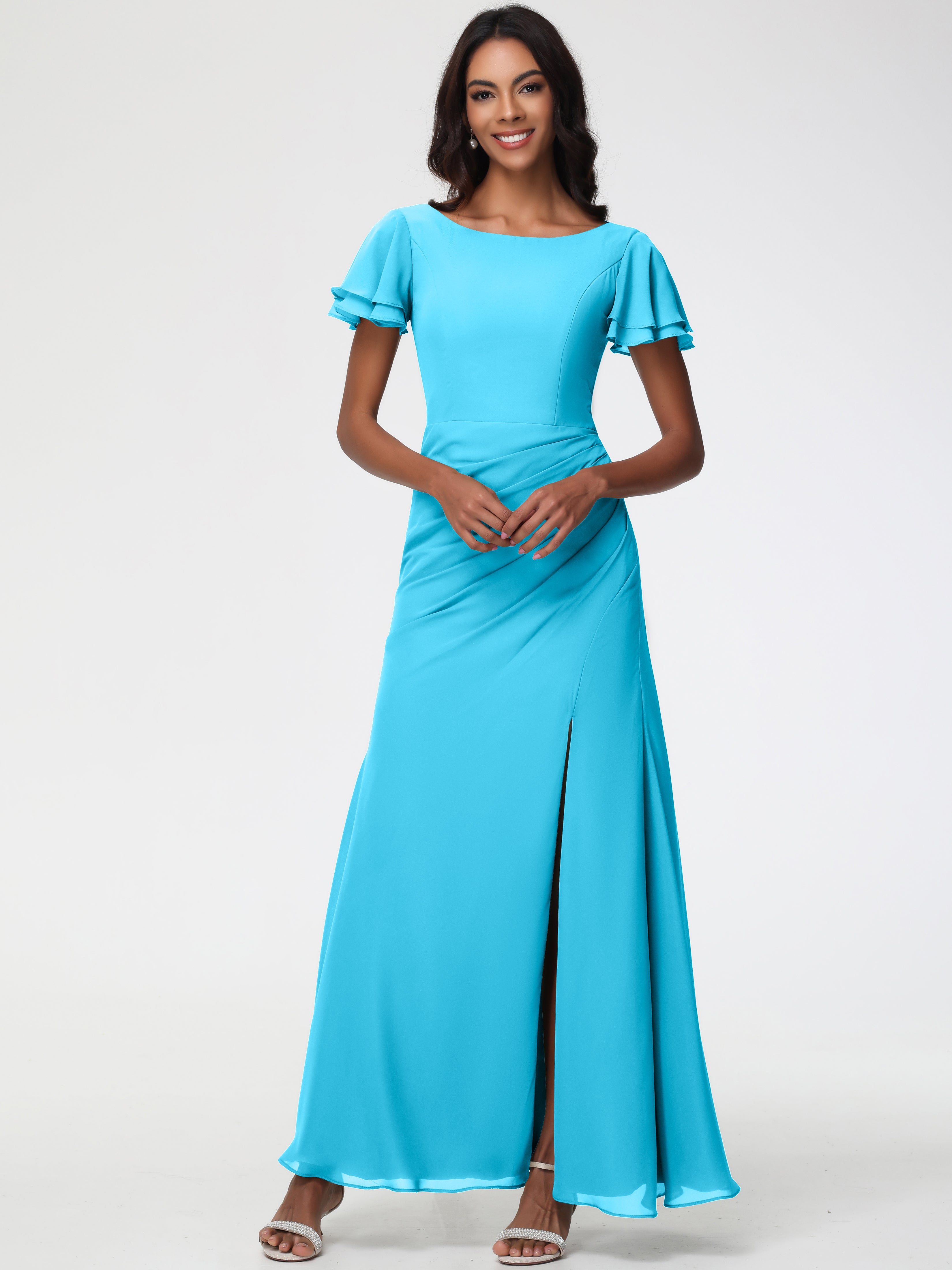 Sheath/Column Short Sleeves Split Long Chiffon Bridesmaid Dresses (Copy)