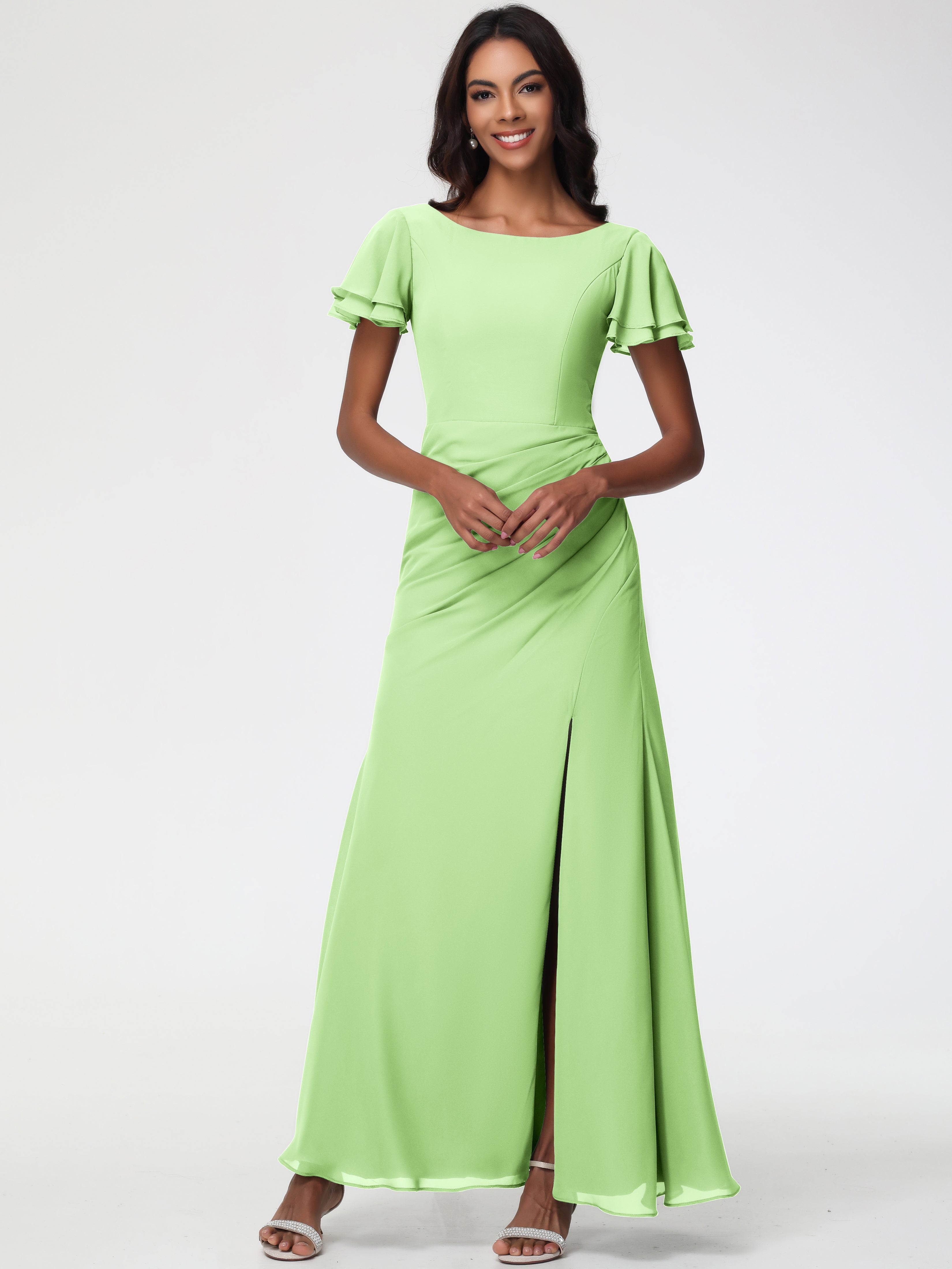 Sheath/Column Short Sleeves Split Long Chiffon Bridesmaid Dresses (Copy)