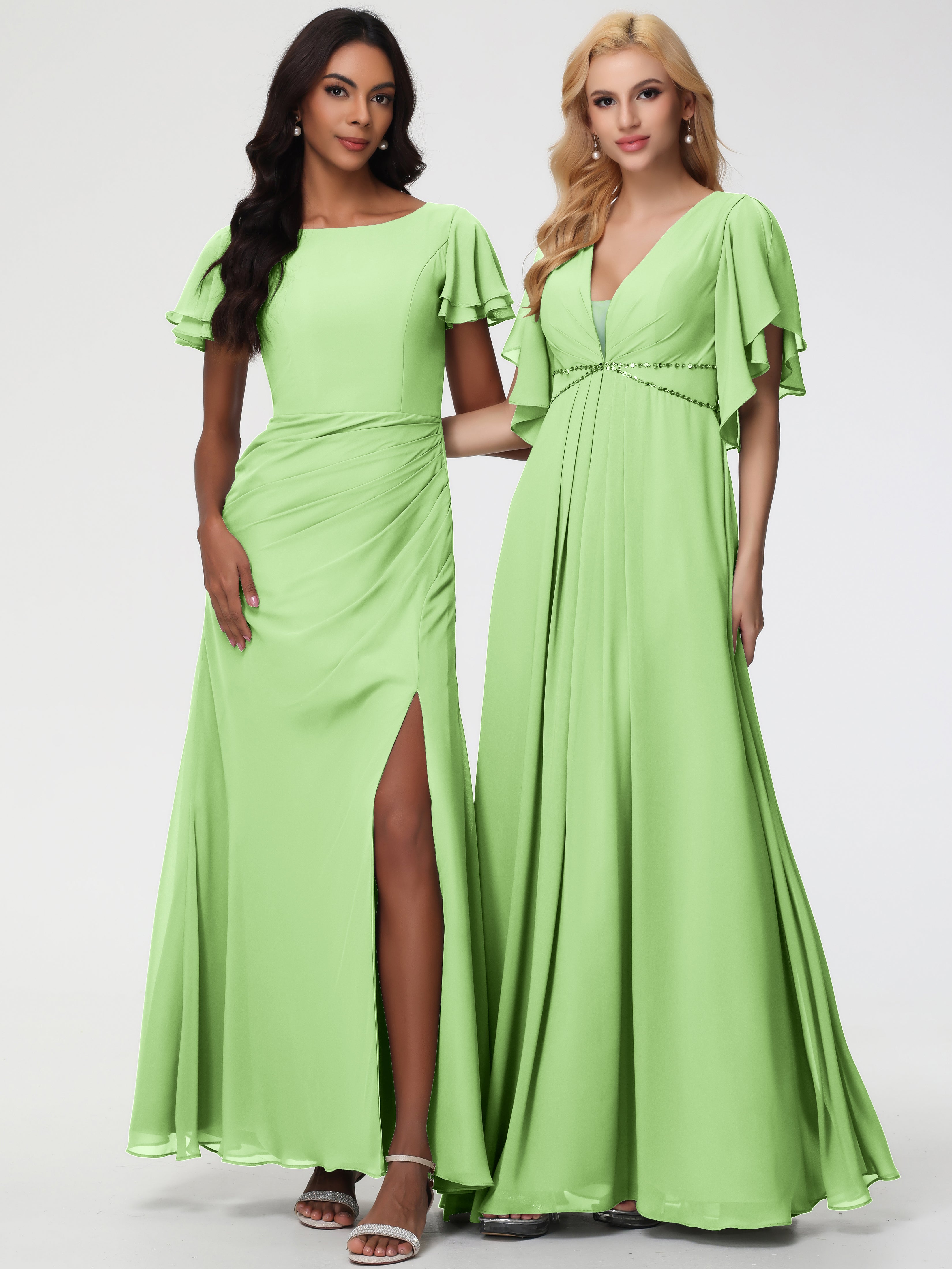 Sheath/Column Short Sleeves Split Long Chiffon Bridesmaid Dresses (Copy)