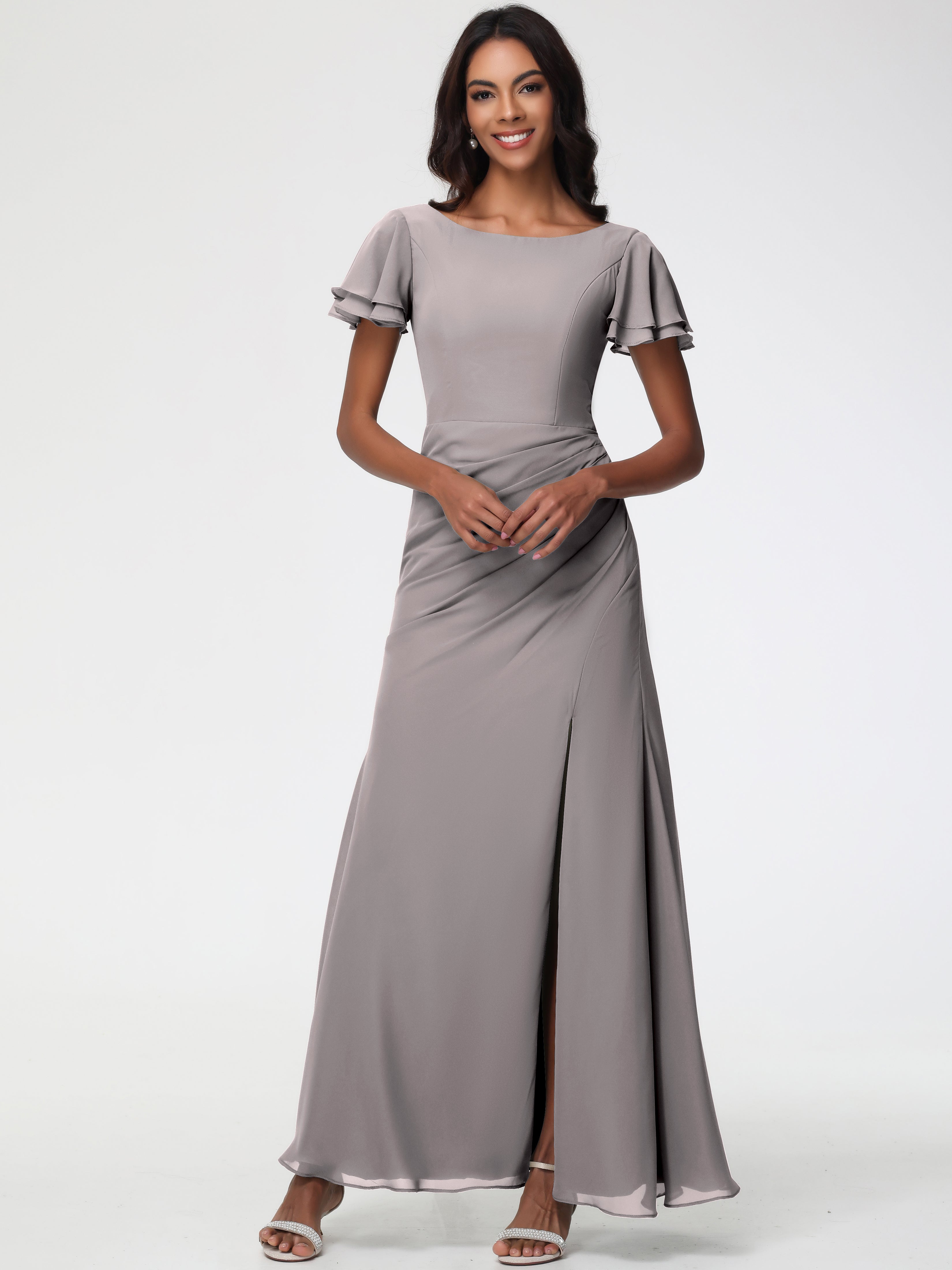 Sheath/Column Short Sleeves Split Long Chiffon Bridesmaid Dresses (Copy)