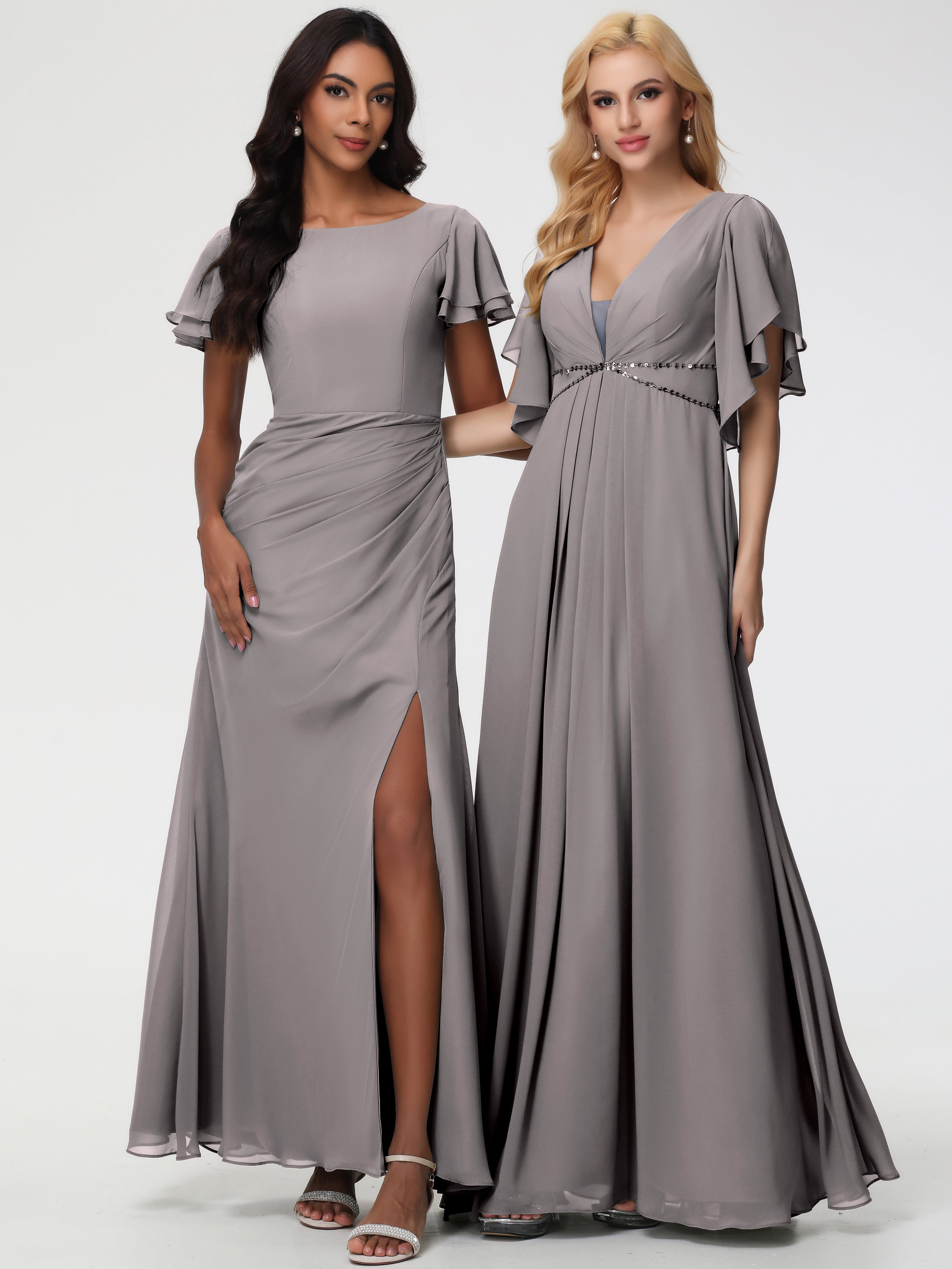 Sheath/Column Short Sleeves Split Long Chiffon Bridesmaid Dresses (Copy)