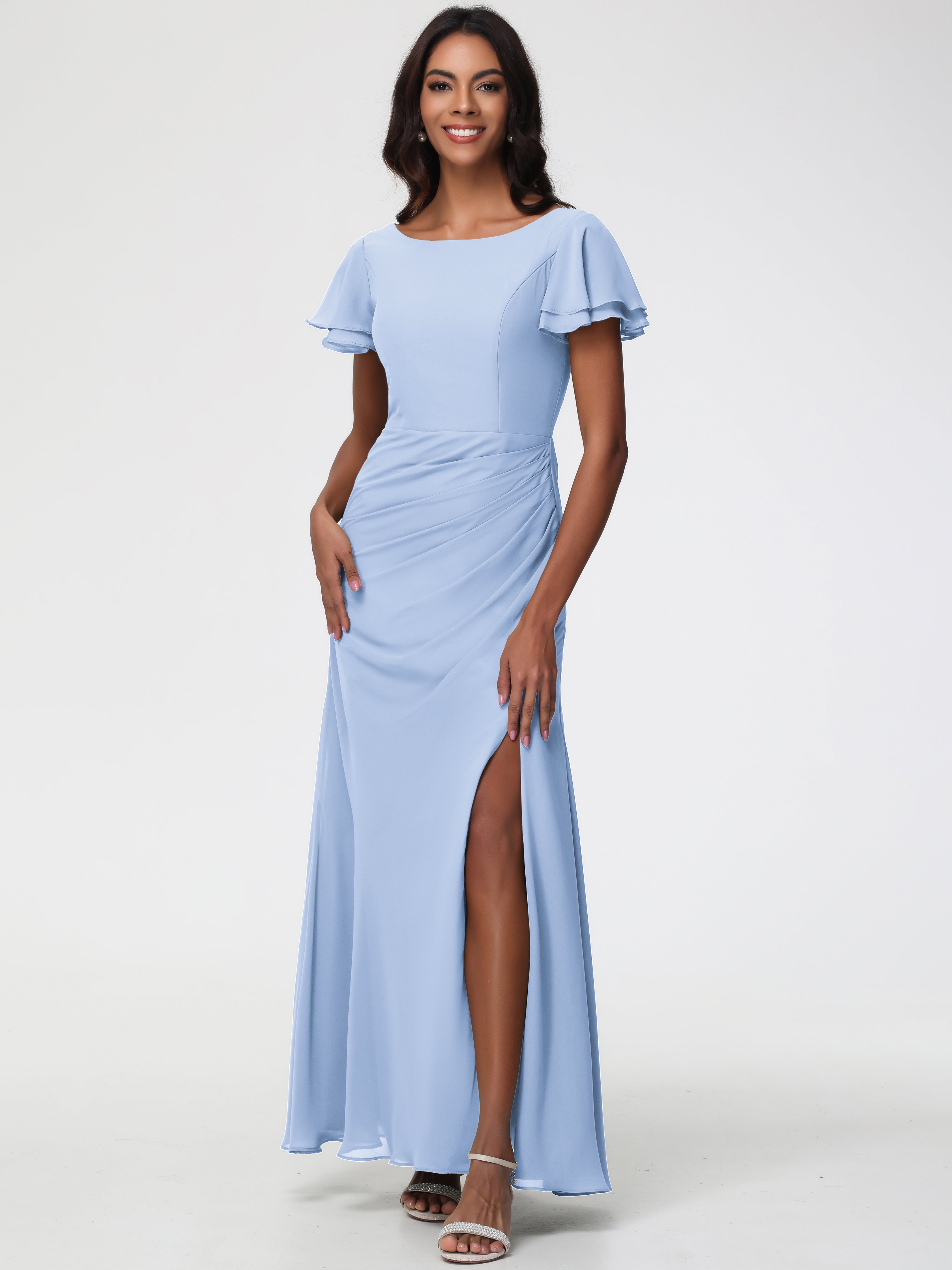 Sheath/Column Short Sleeves Split Long Chiffon Bridesmaid Dresses (Copy)