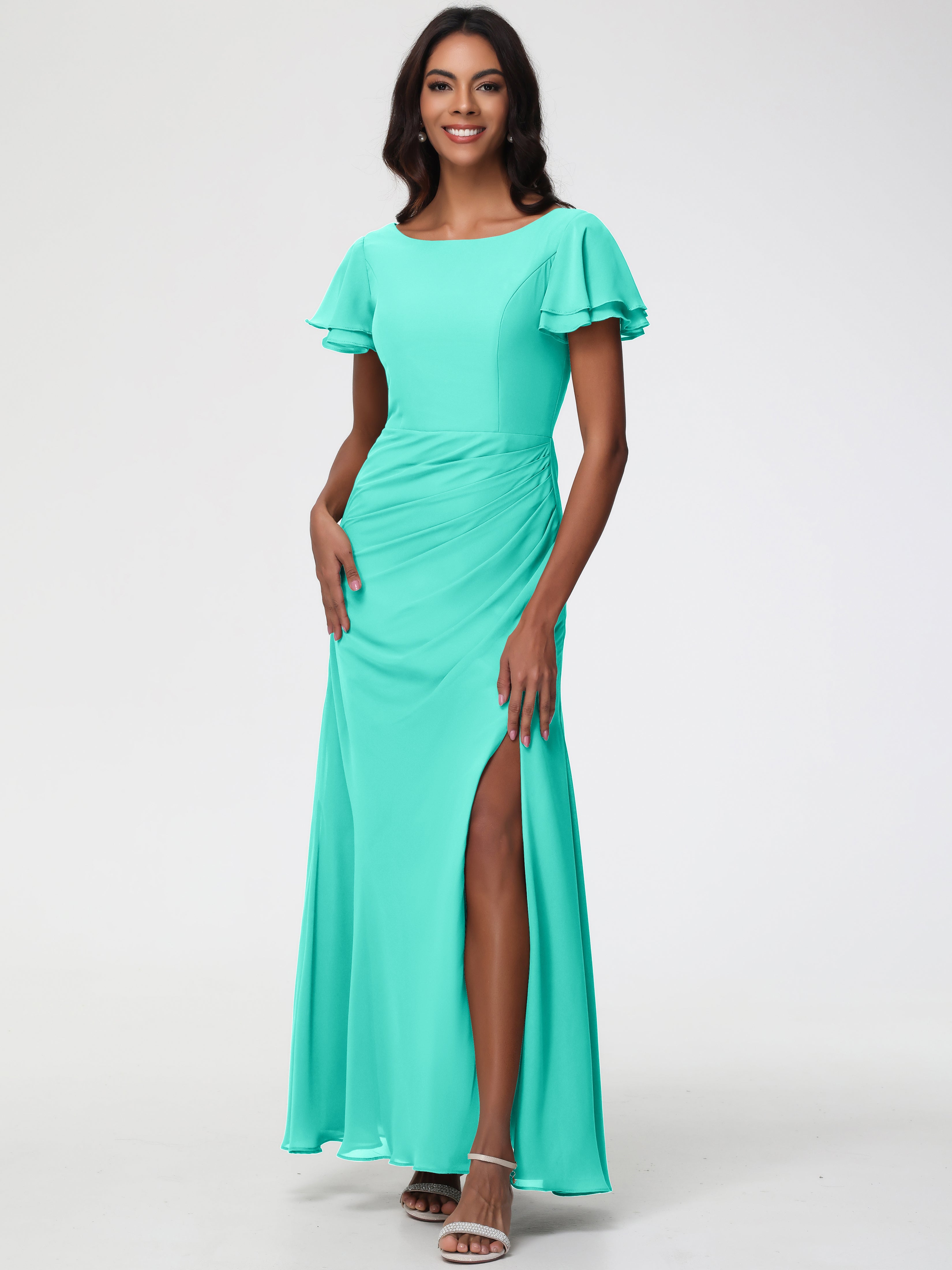 Sheath/Column Short Sleeves Split Long Chiffon Bridesmaid Dresses (Copy)