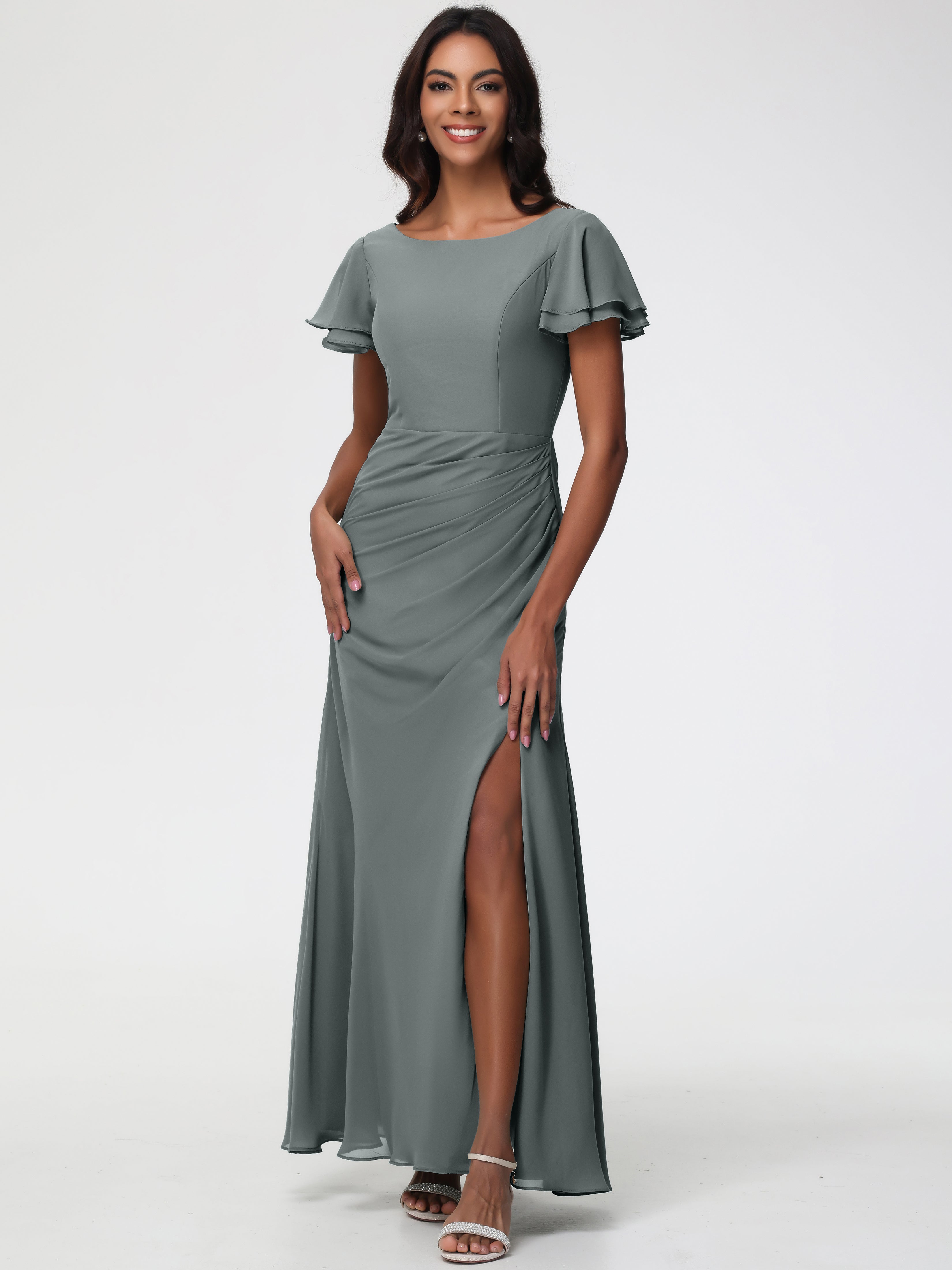 Sheath/Column Short Sleeves Split Long Chiffon Bridesmaid Dresses (Copy)