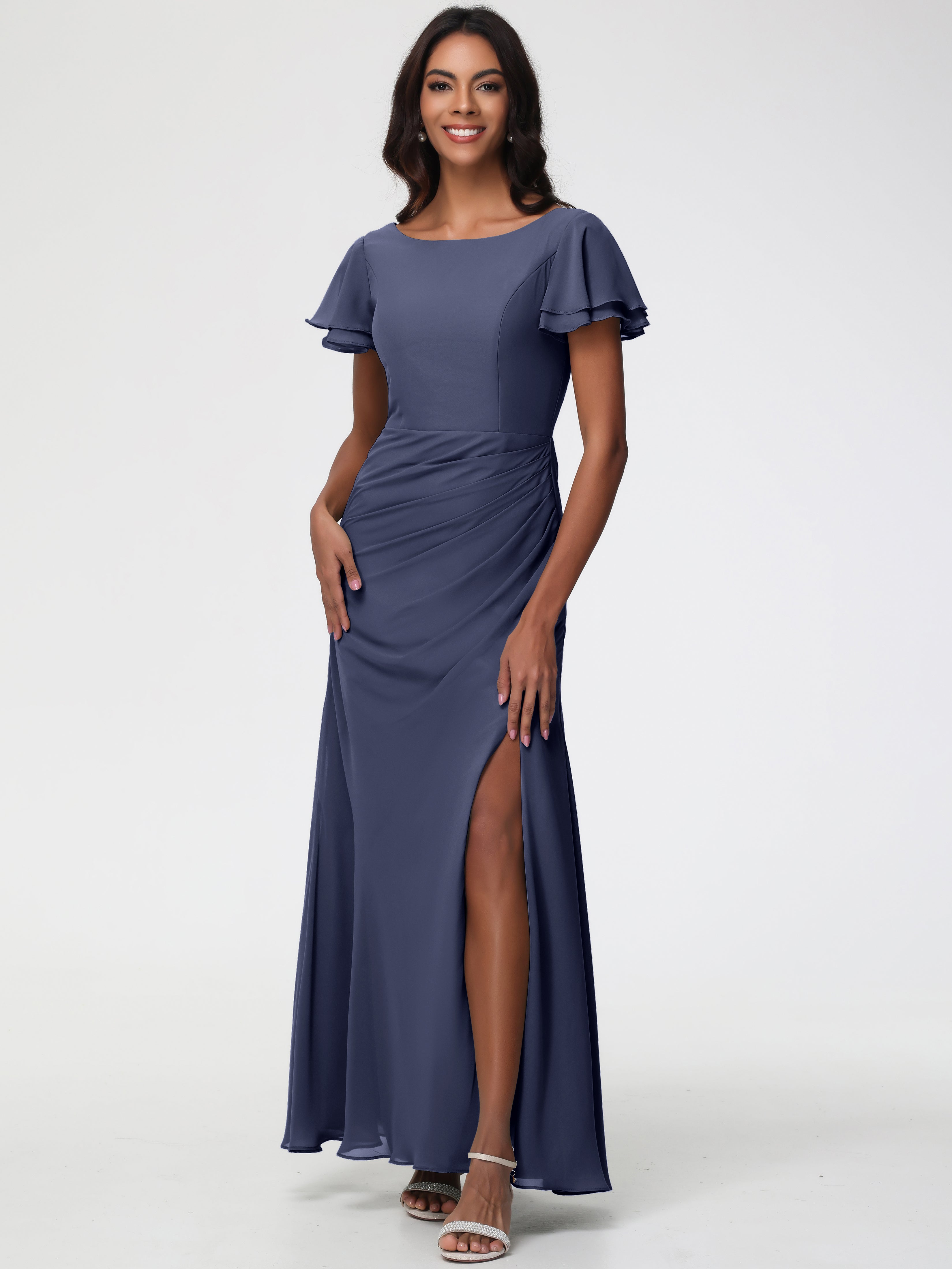 Sheath/Column Short Sleeves Split Long Chiffon Bridesmaid Dresses (Copy)