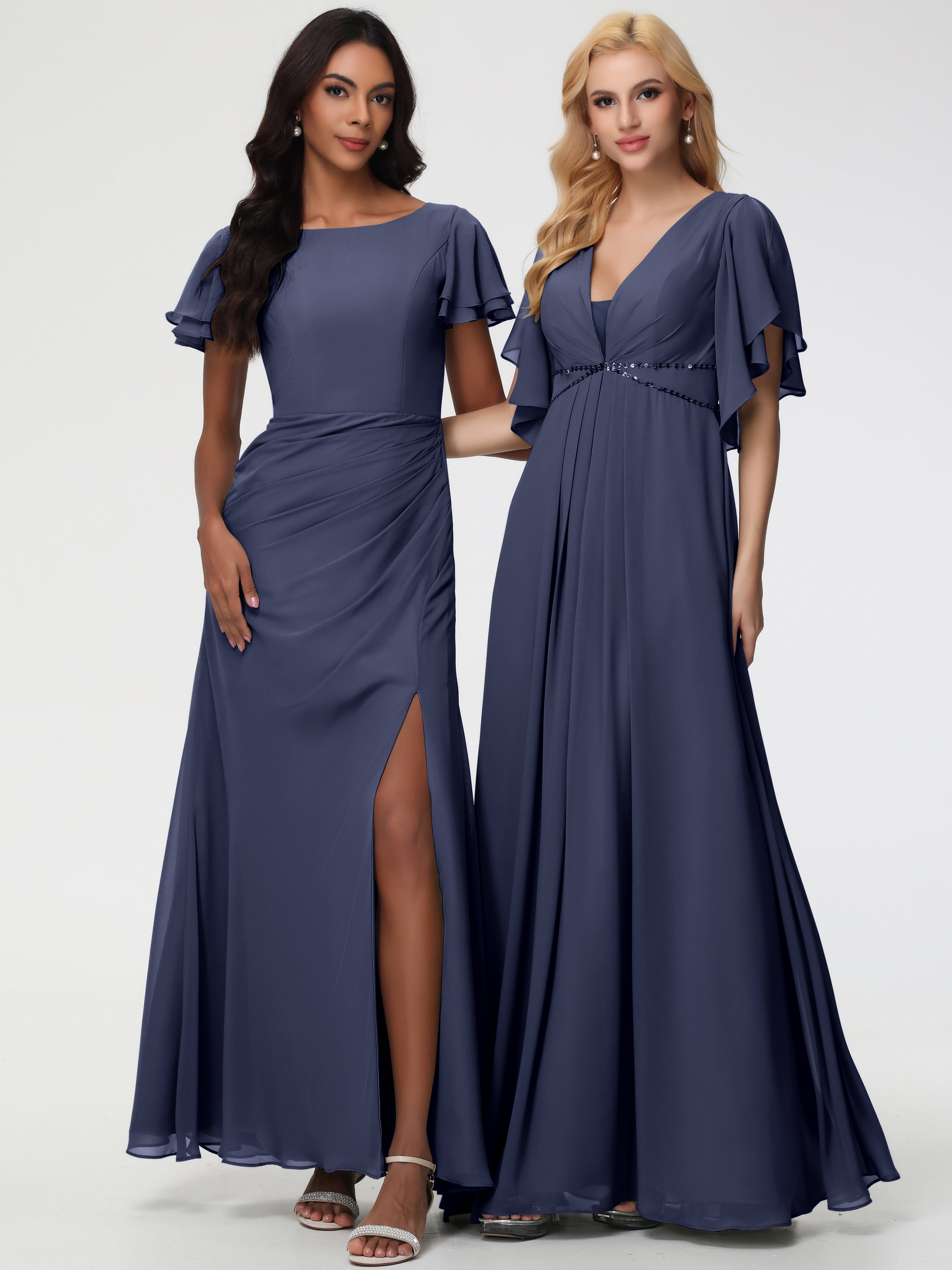 Sheath/Column Short Sleeves Split Long Chiffon Bridesmaid Dresses (Copy)