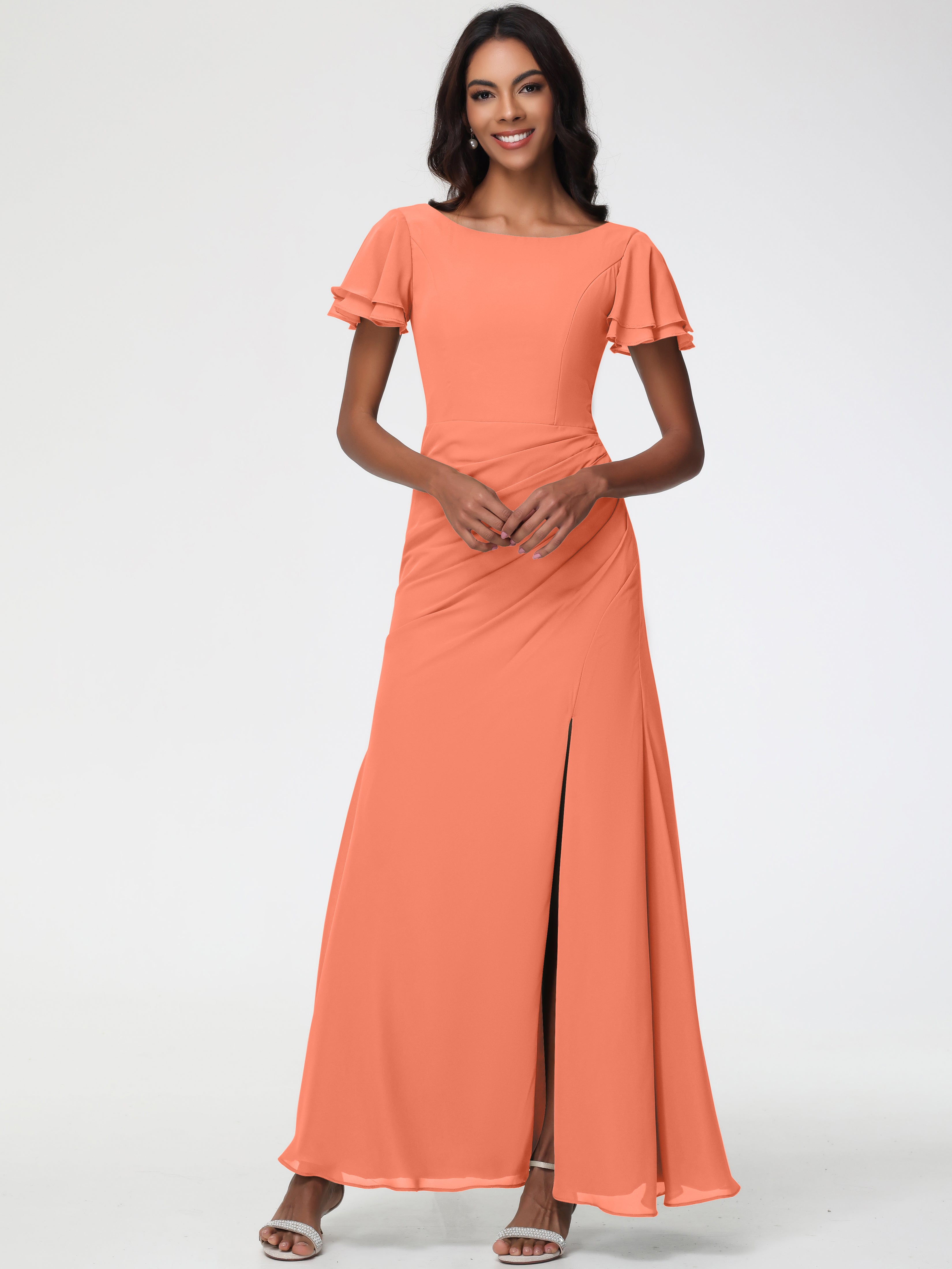 Sheath/Column Short Sleeves Split Long Chiffon Bridesmaid Dresses (Copy)