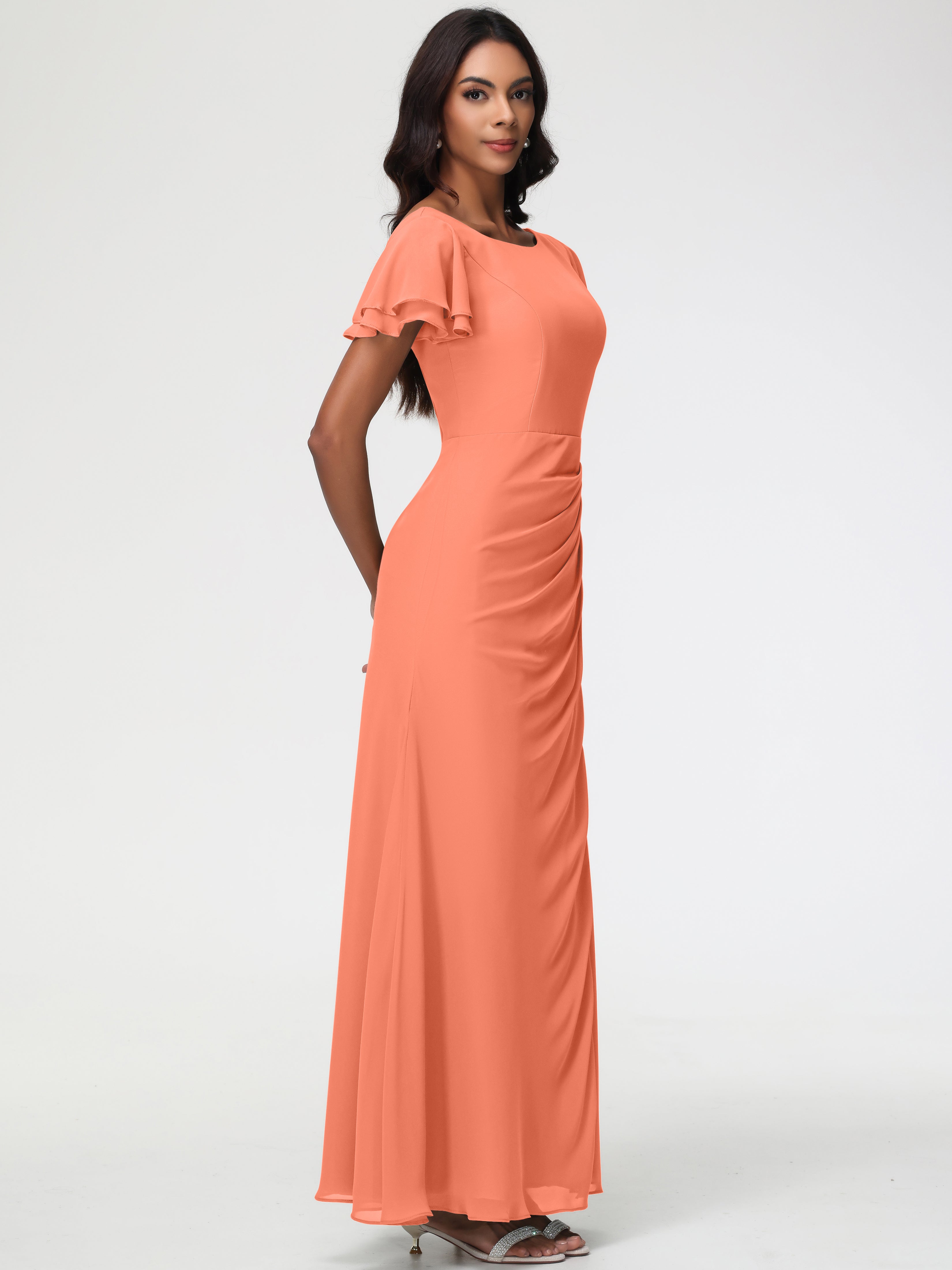 Sheath/Column Short Sleeves Split Long Chiffon Bridesmaid Dresses (Copy)