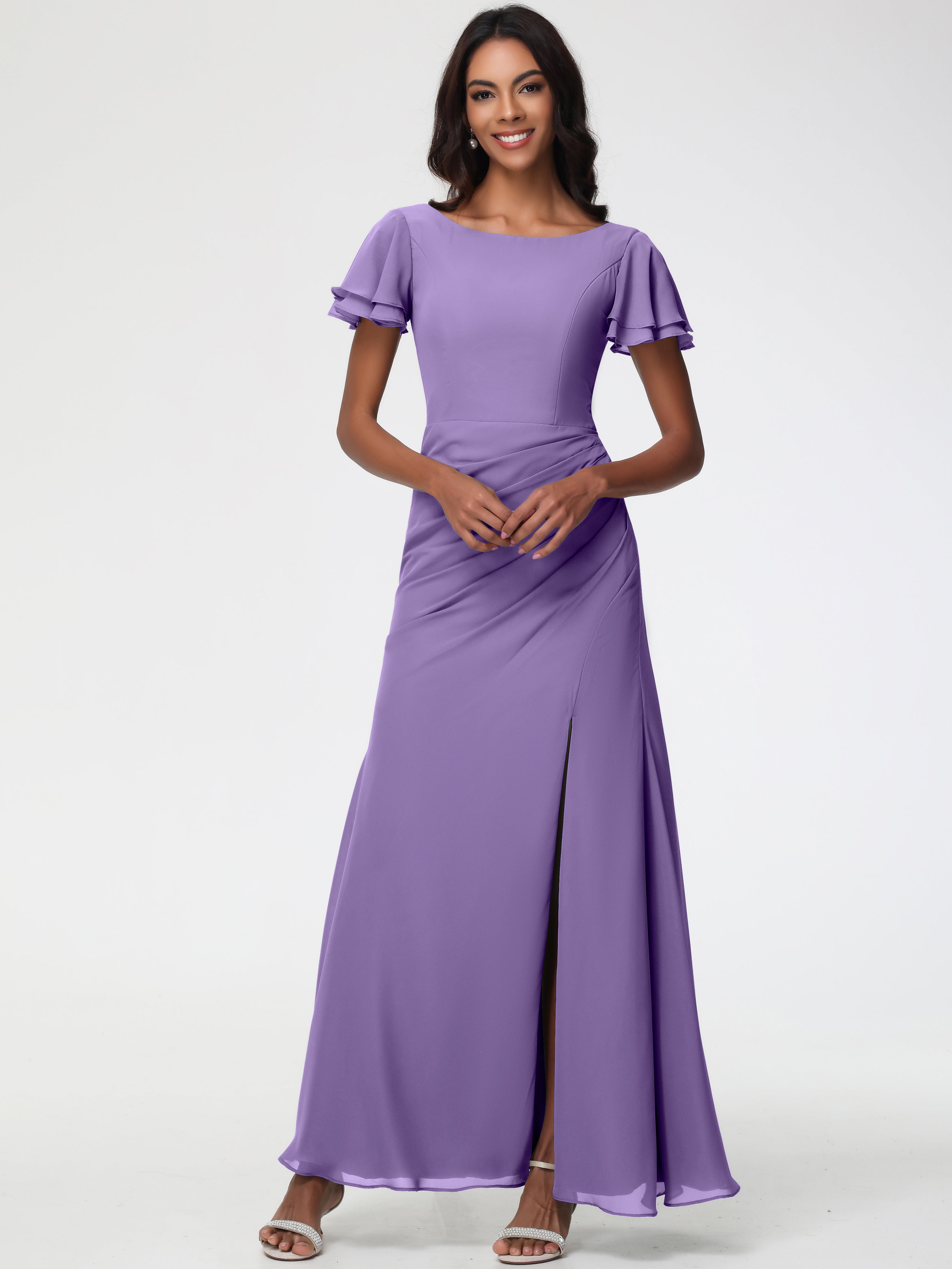 Sheath/Column Short Sleeves Split Long Chiffon Bridesmaid Dresses (Copy)