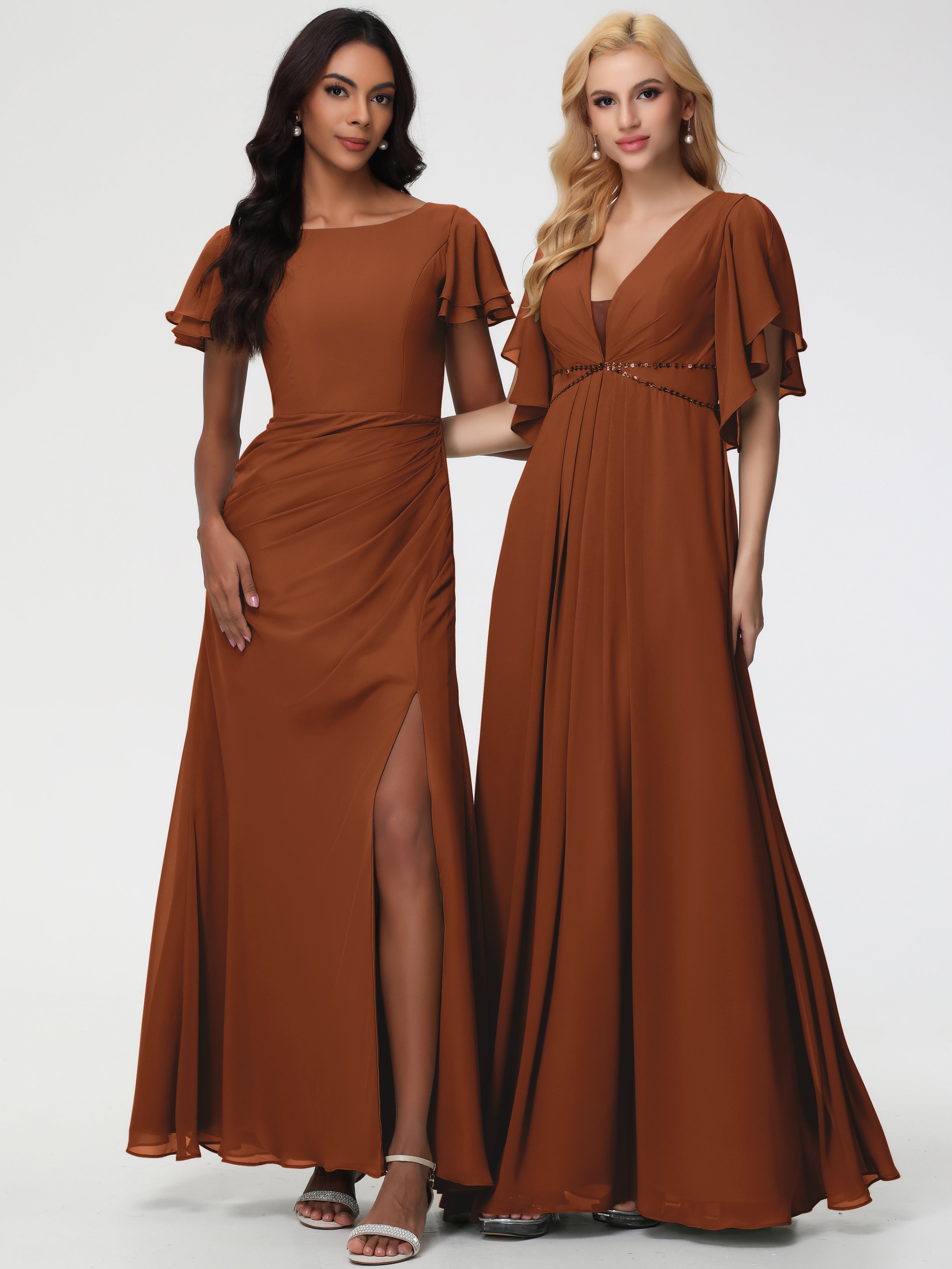 Sheath/Column Short Sleeves Split Long Chiffon Bridesmaid Dresses (Copy)