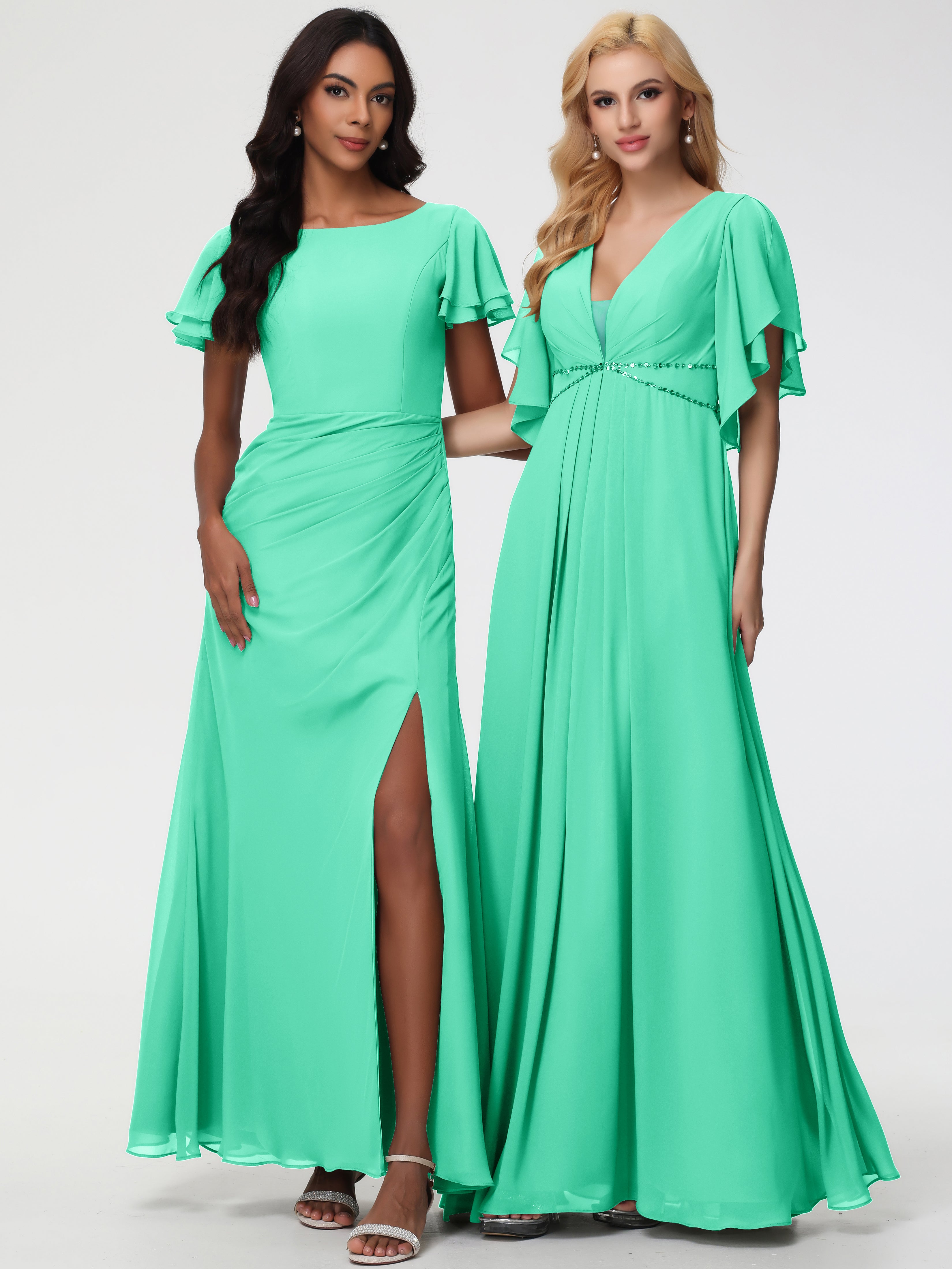 Sheath/Column Short Sleeves Split Long Chiffon Bridesmaid Dresses (Copy)
