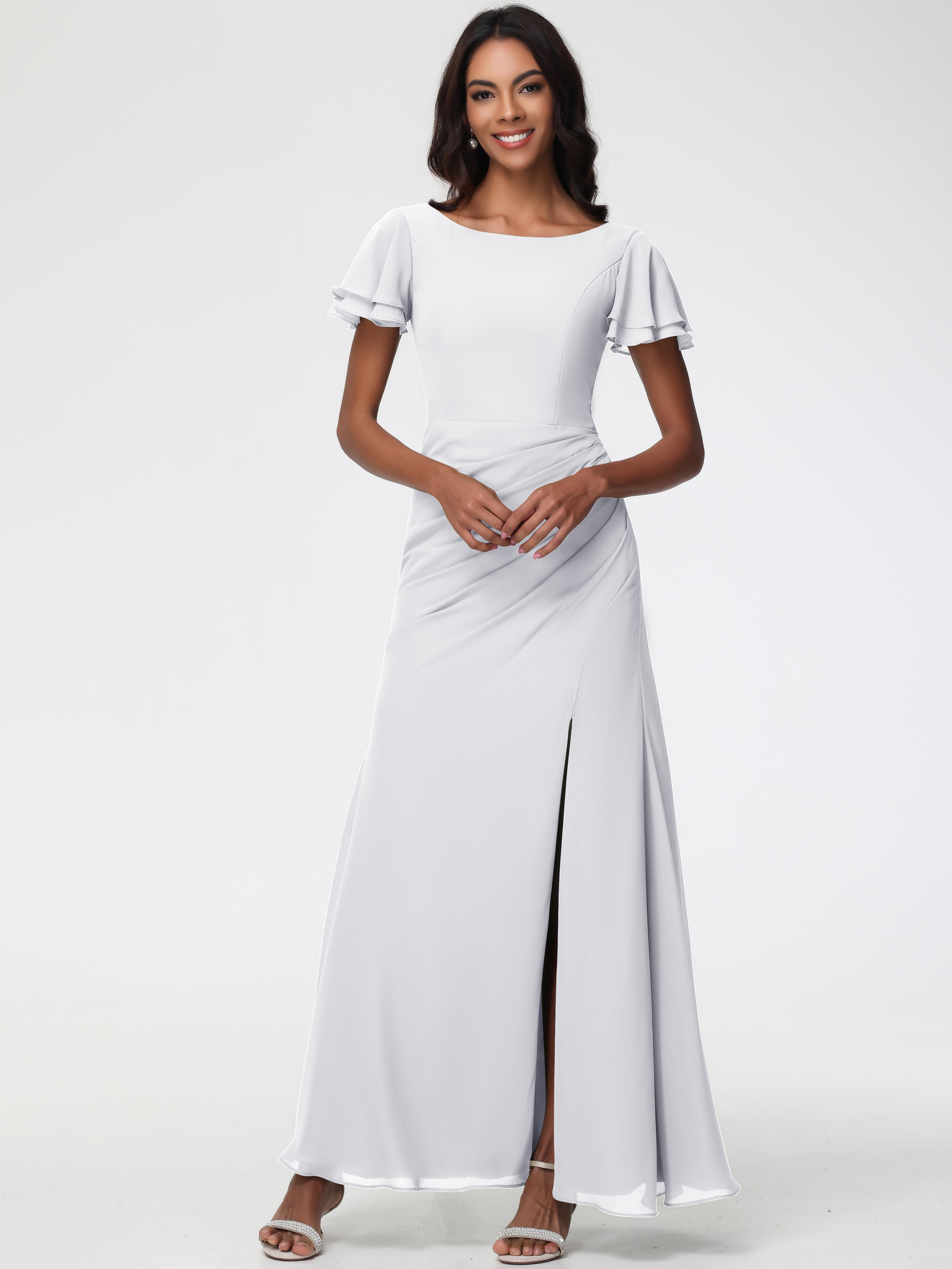 Sheath/Column Short Sleeves Split Long Chiffon Bridesmaid Dresses (Copy)