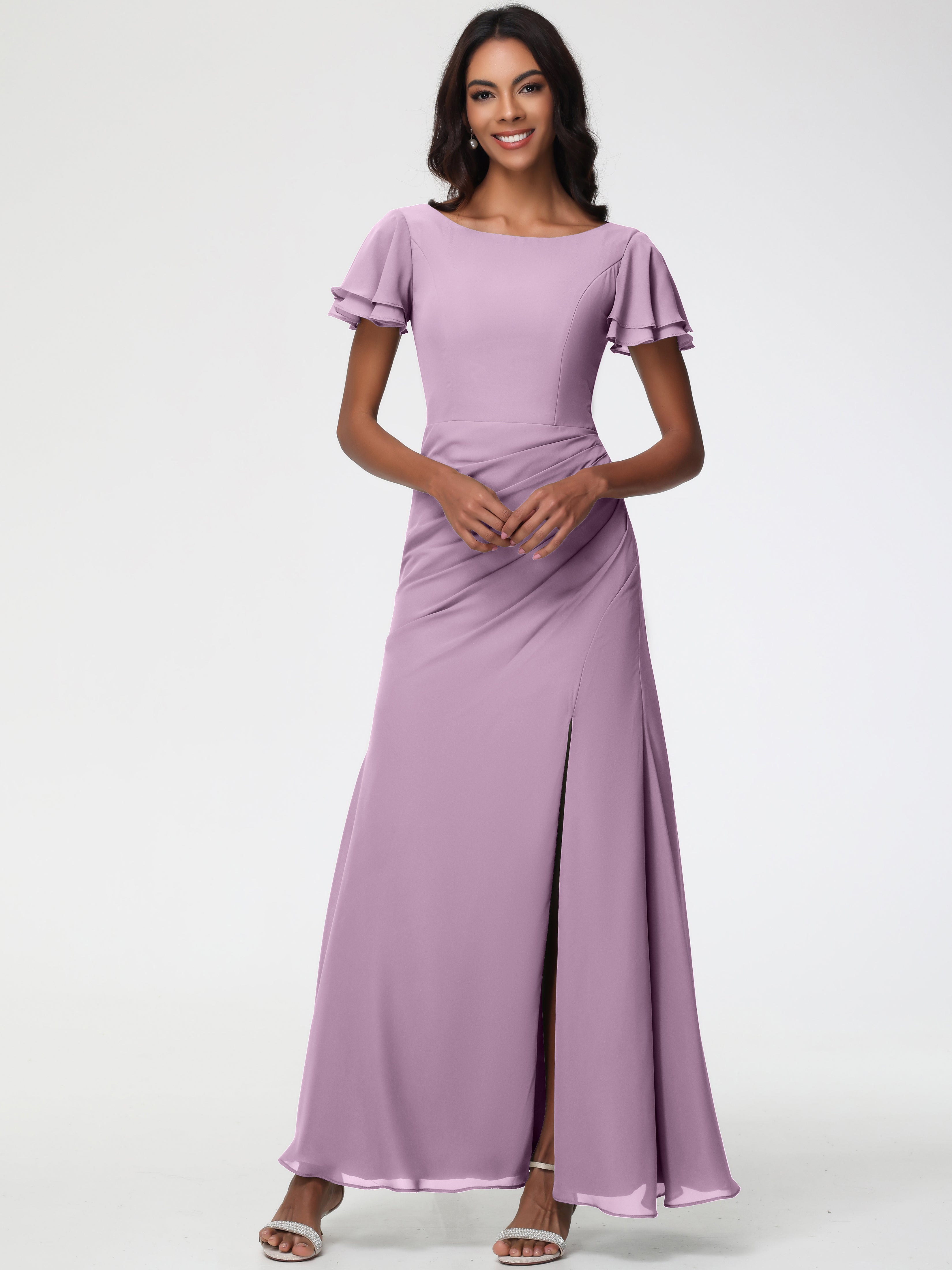 Sheath/Column Short Sleeves Split Long Chiffon Bridesmaid Dresses (Copy)