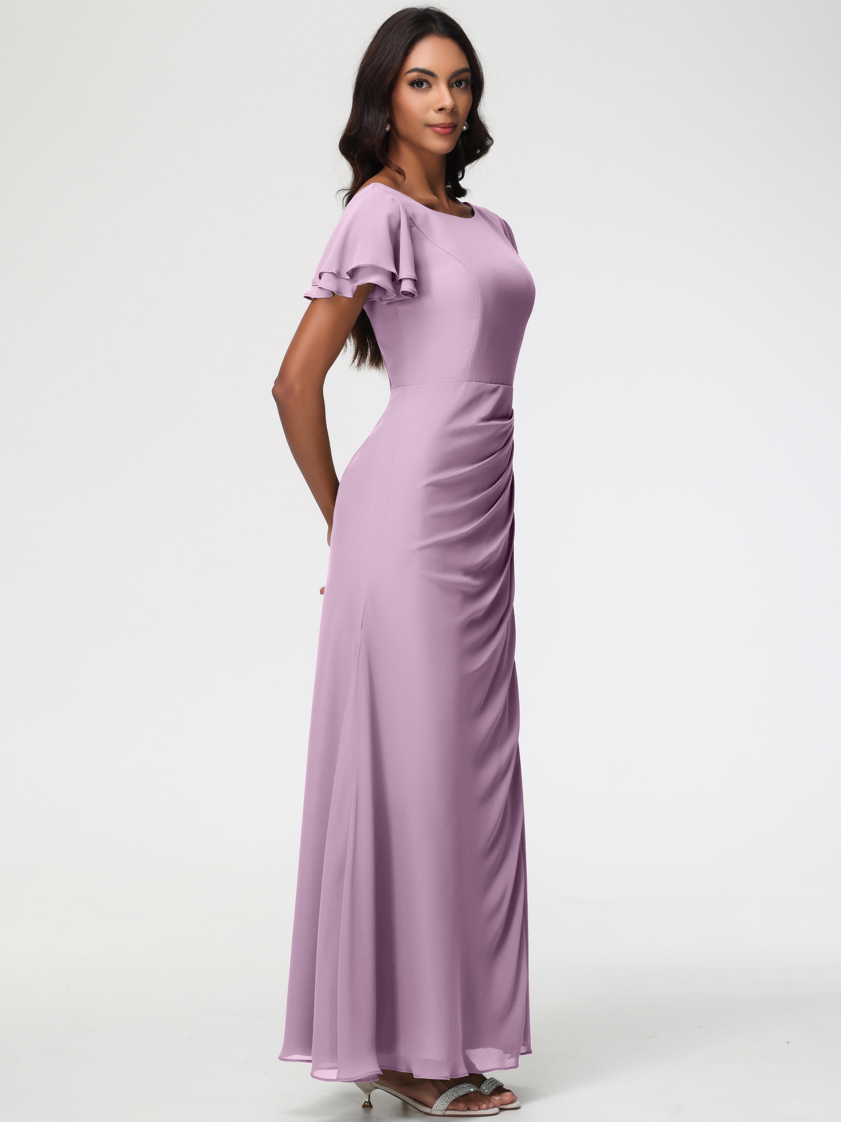 Sheath/Column Short Sleeves Split Long Chiffon Bridesmaid Dresses (Copy)