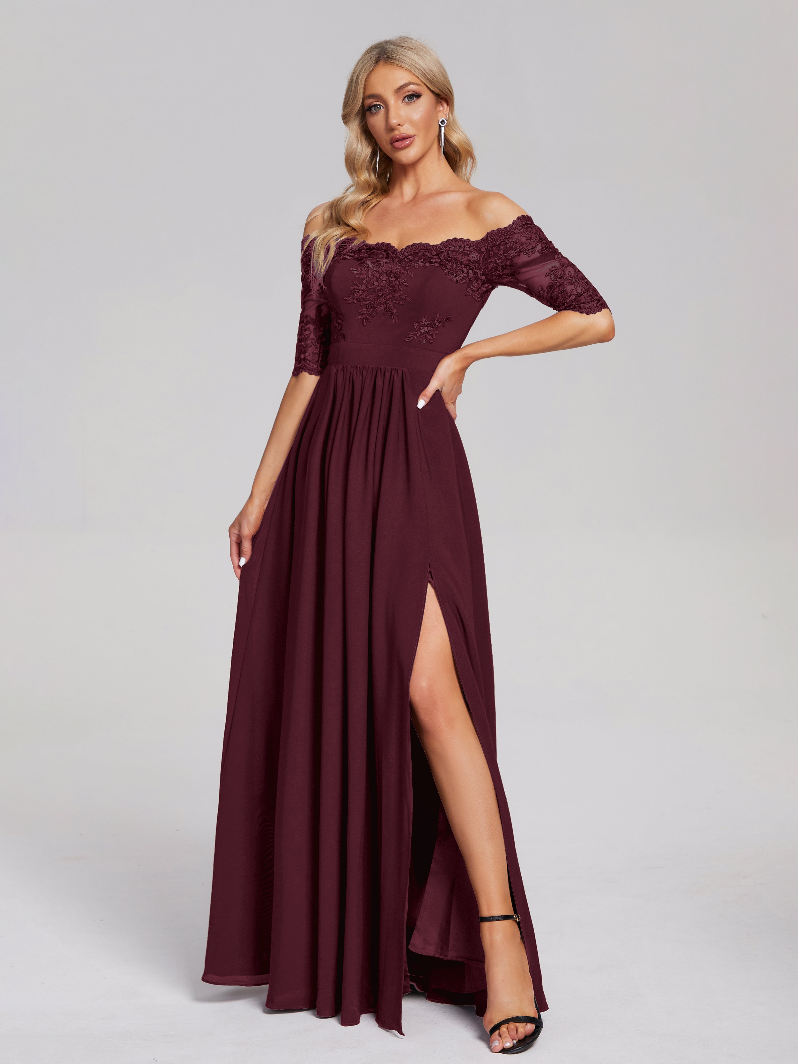 sachin and babi light blue dress Crochet Lace Pleated Tiered Chiffon Maxi Dress in Burgundy