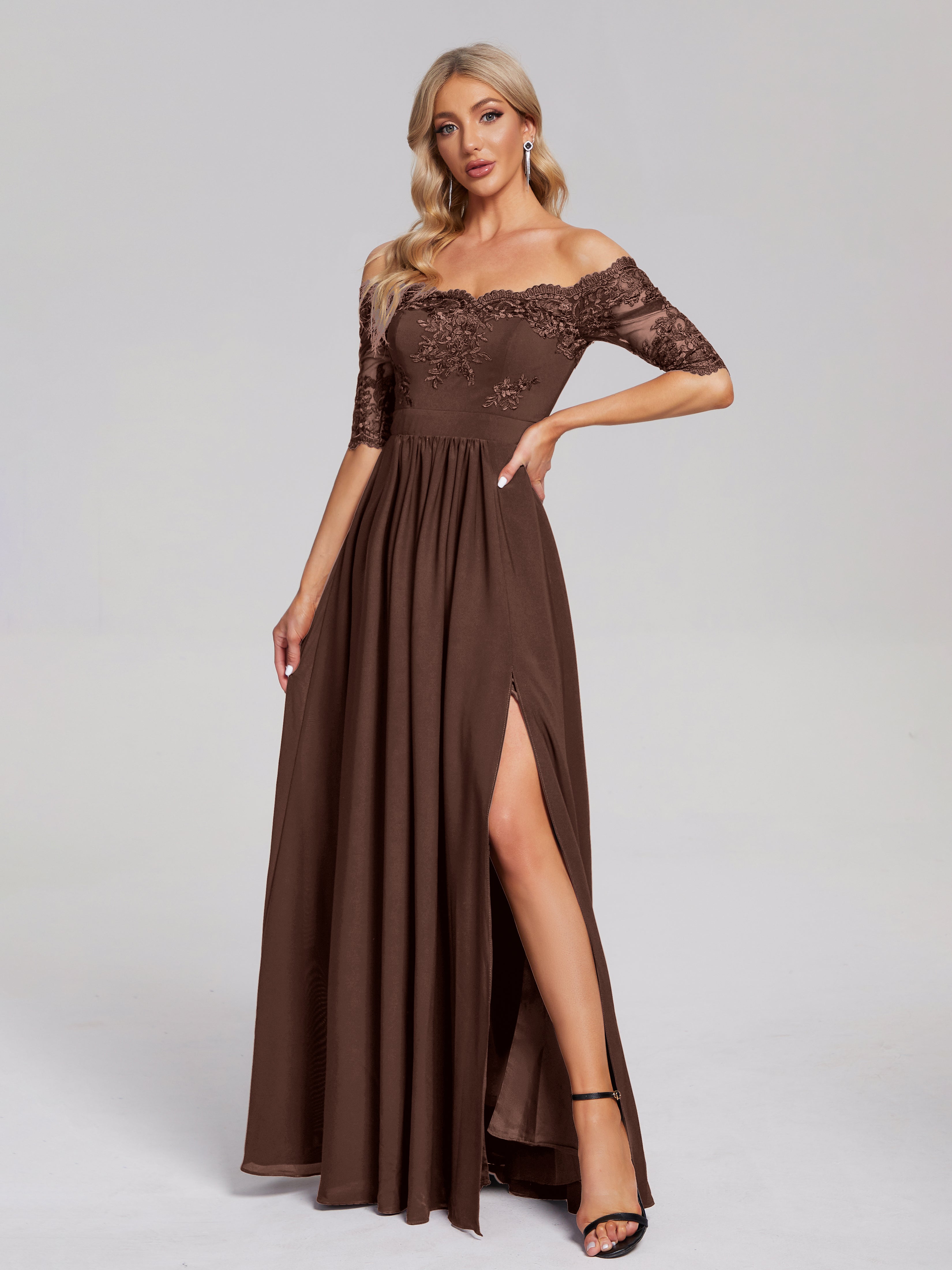 Chocolate Coloured Bridesmaid Dresses Keira Off The Shoulder Lace/Chif