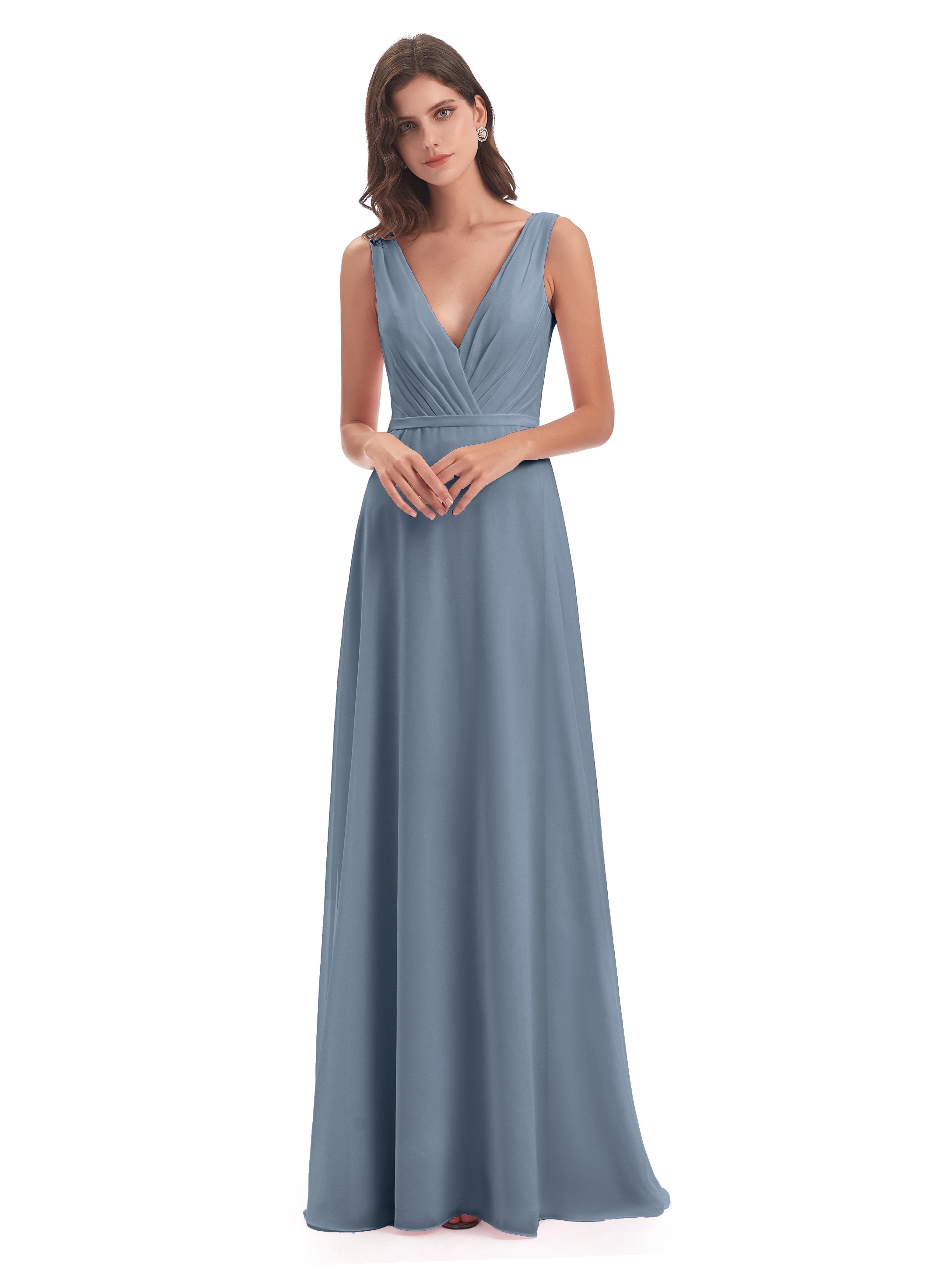 Dusty Blue Bridesmaids Kristina Sheath V-Neck Floor-Length Chiffon Bri