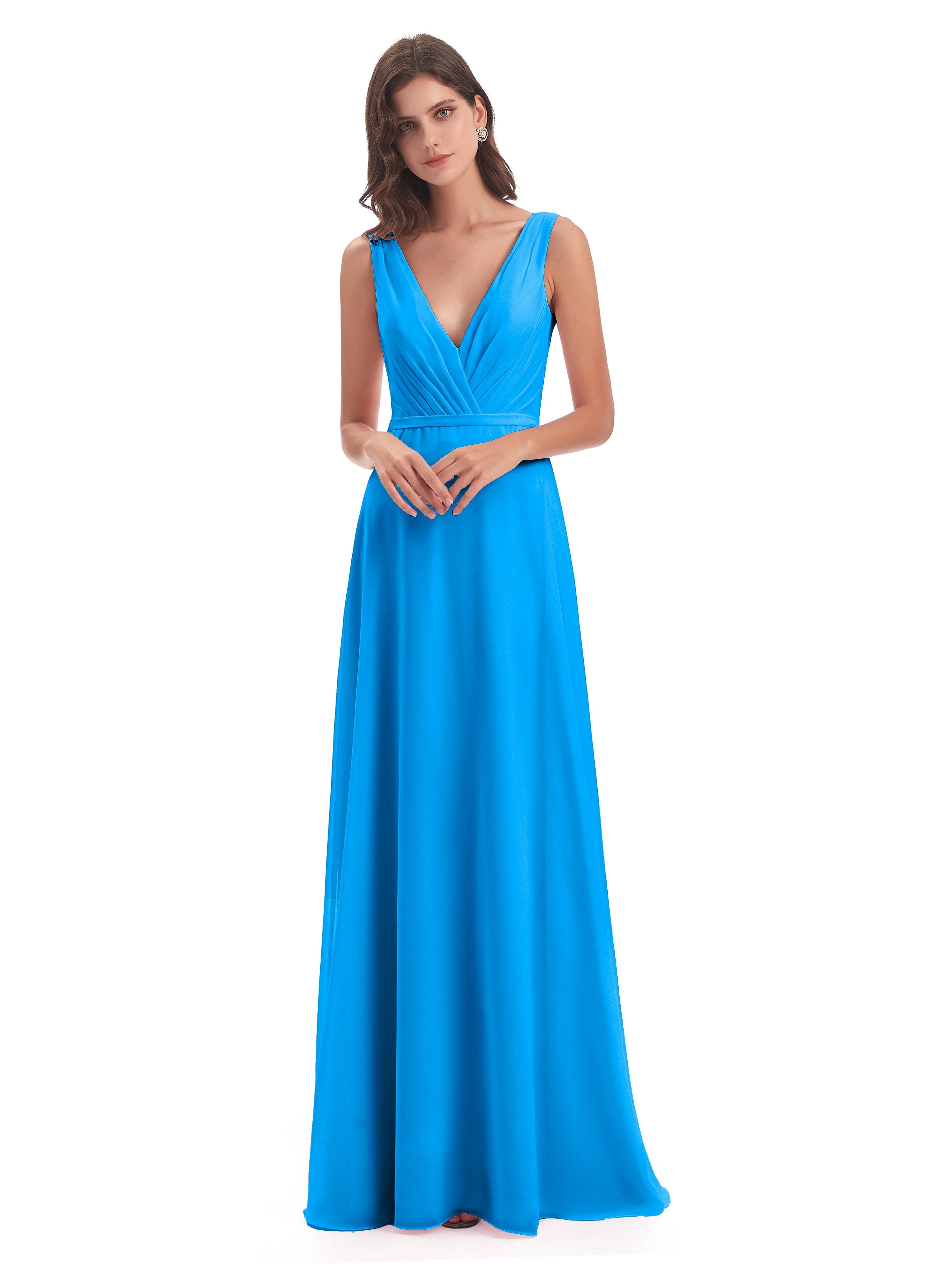 Ocean Blue Color Bridesmaid Dresses Kristina Sheath V-Neck Floor-Lengt