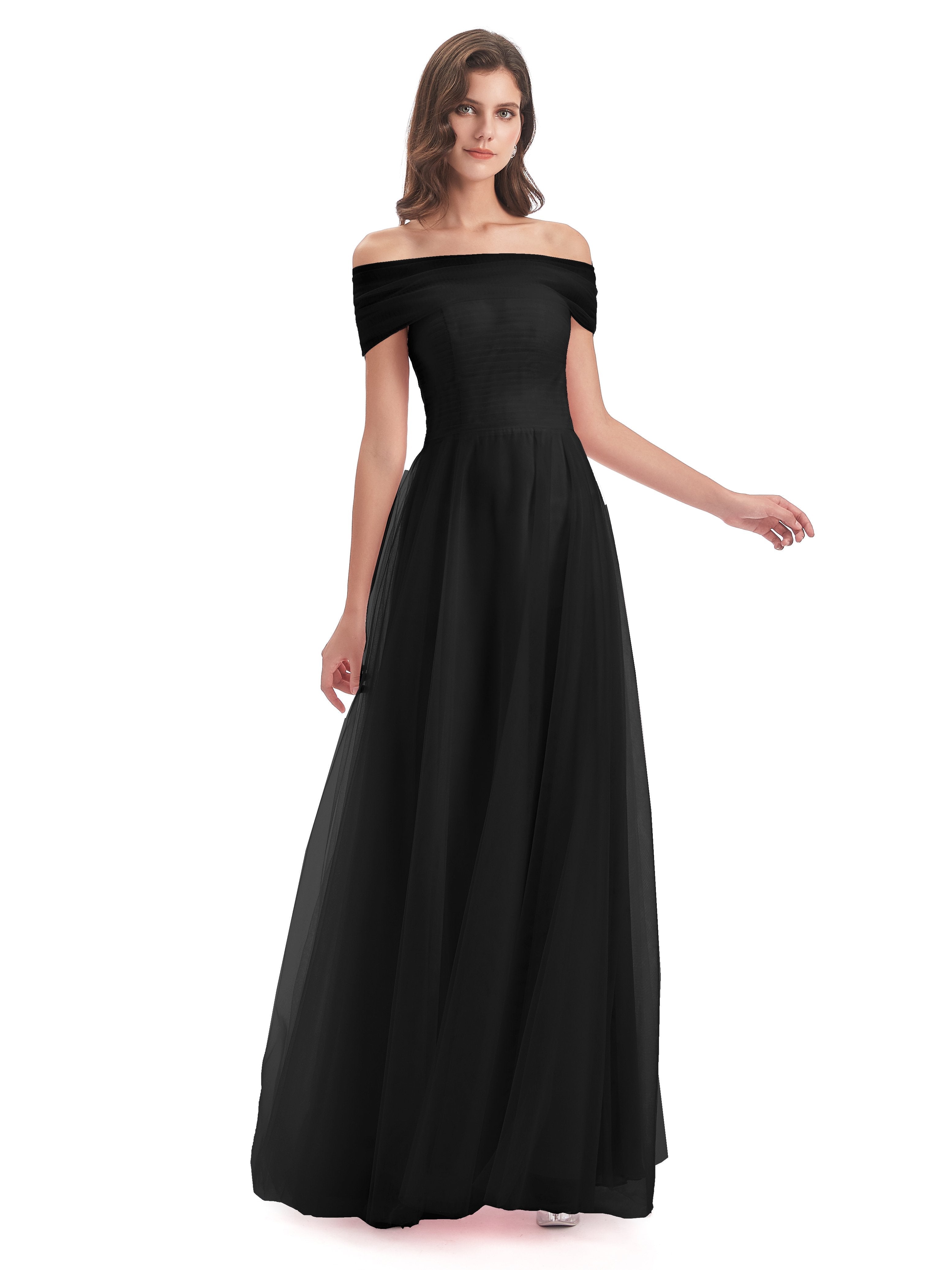Chiffon Black Bridesmaid Dress Sylvie Off The Shoulder Flowy Long Tull