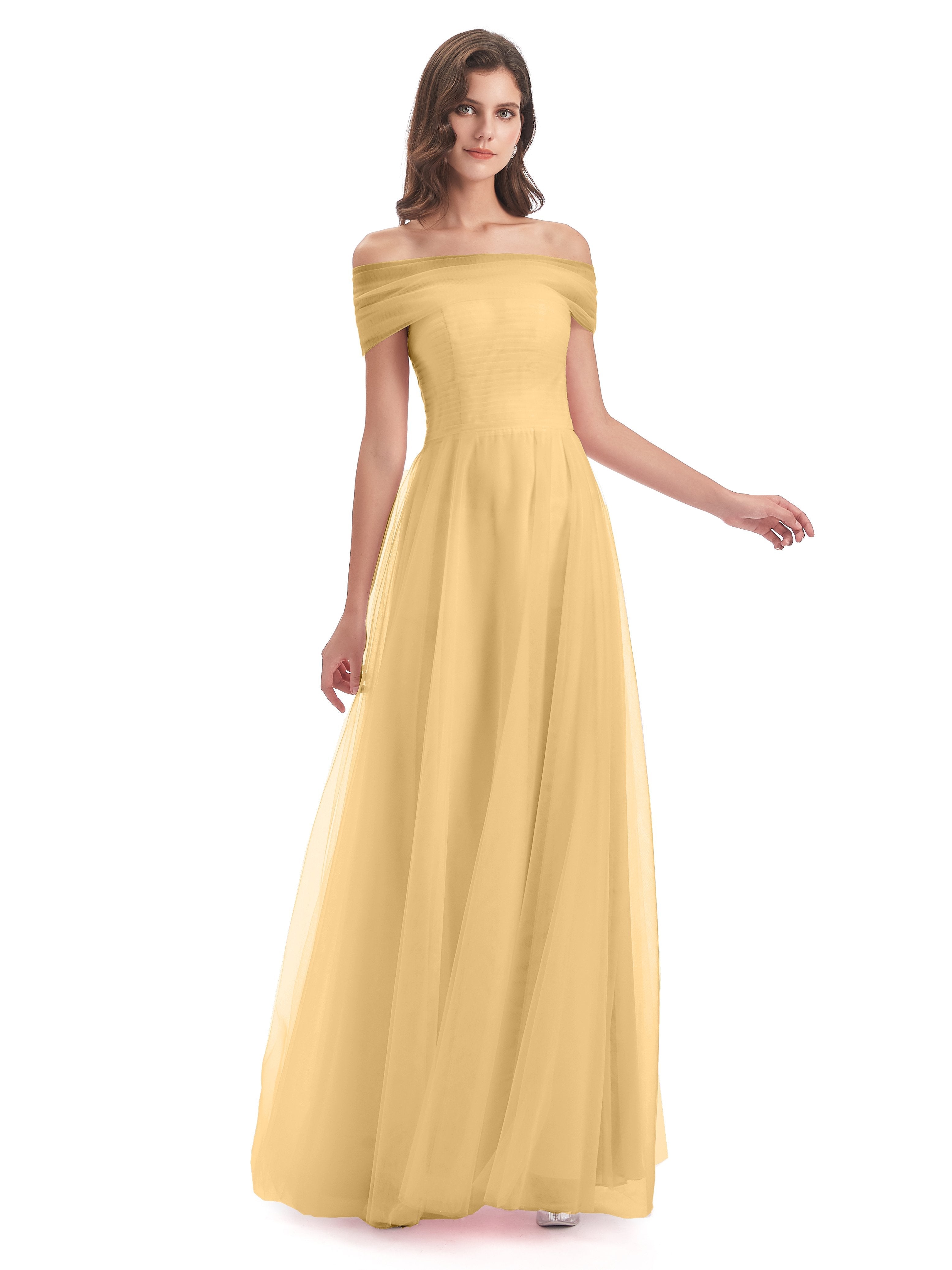 Gold Bridesmaids Dress Sylvie Off The Shoulder Flowy Long Tulle/Chiffo Gold Bridesmaids Dress Sylvie Off The Shoulder Flowy Long Tulle/Chiffo