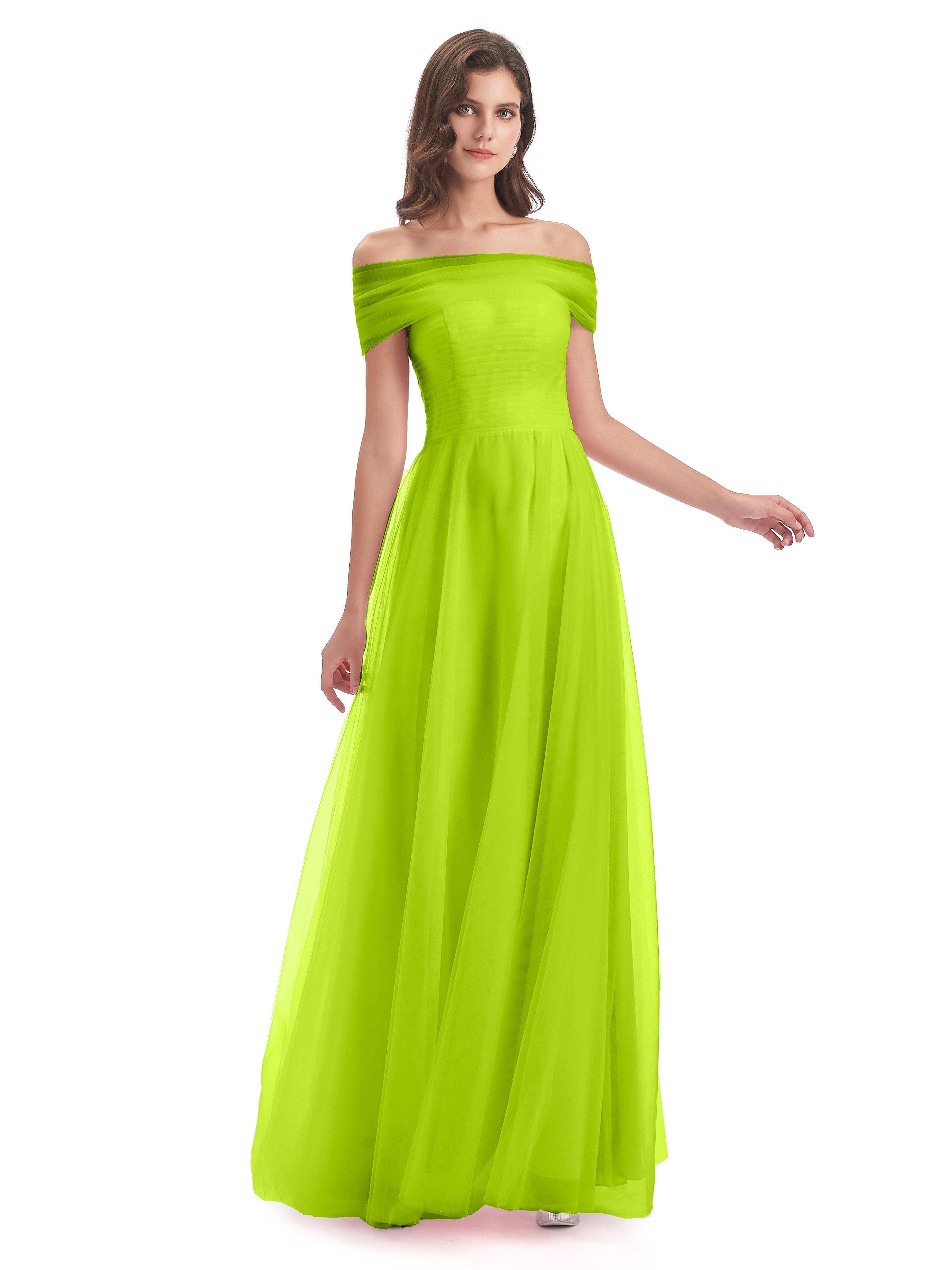 Lime Green Long Bridesmaid Dresses Sylvie Off The Shoulder Flowy Long