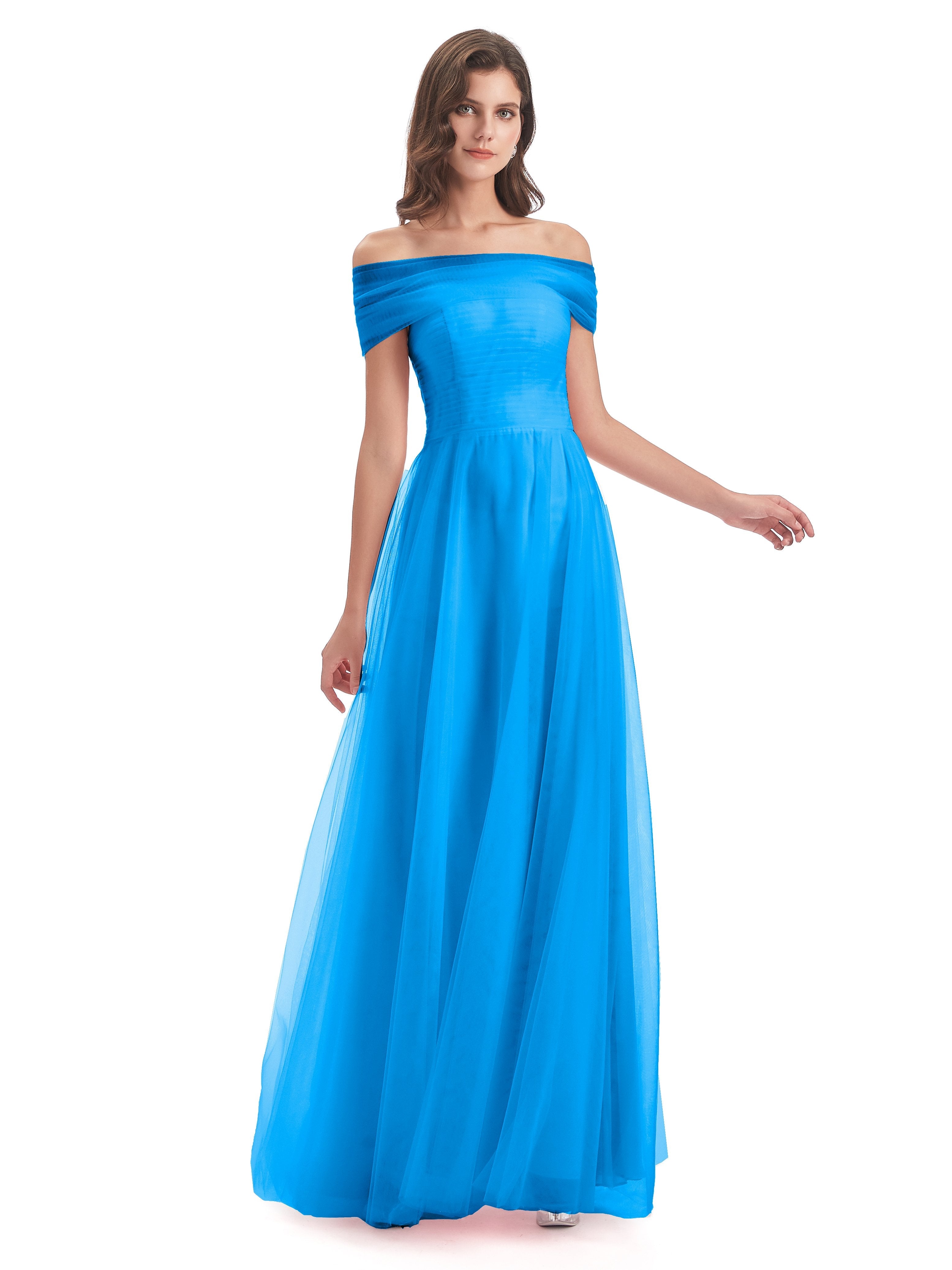 Ocean Blue Color Bridesmaid Dresses Sylvie Off The Shoulder Flowy Long