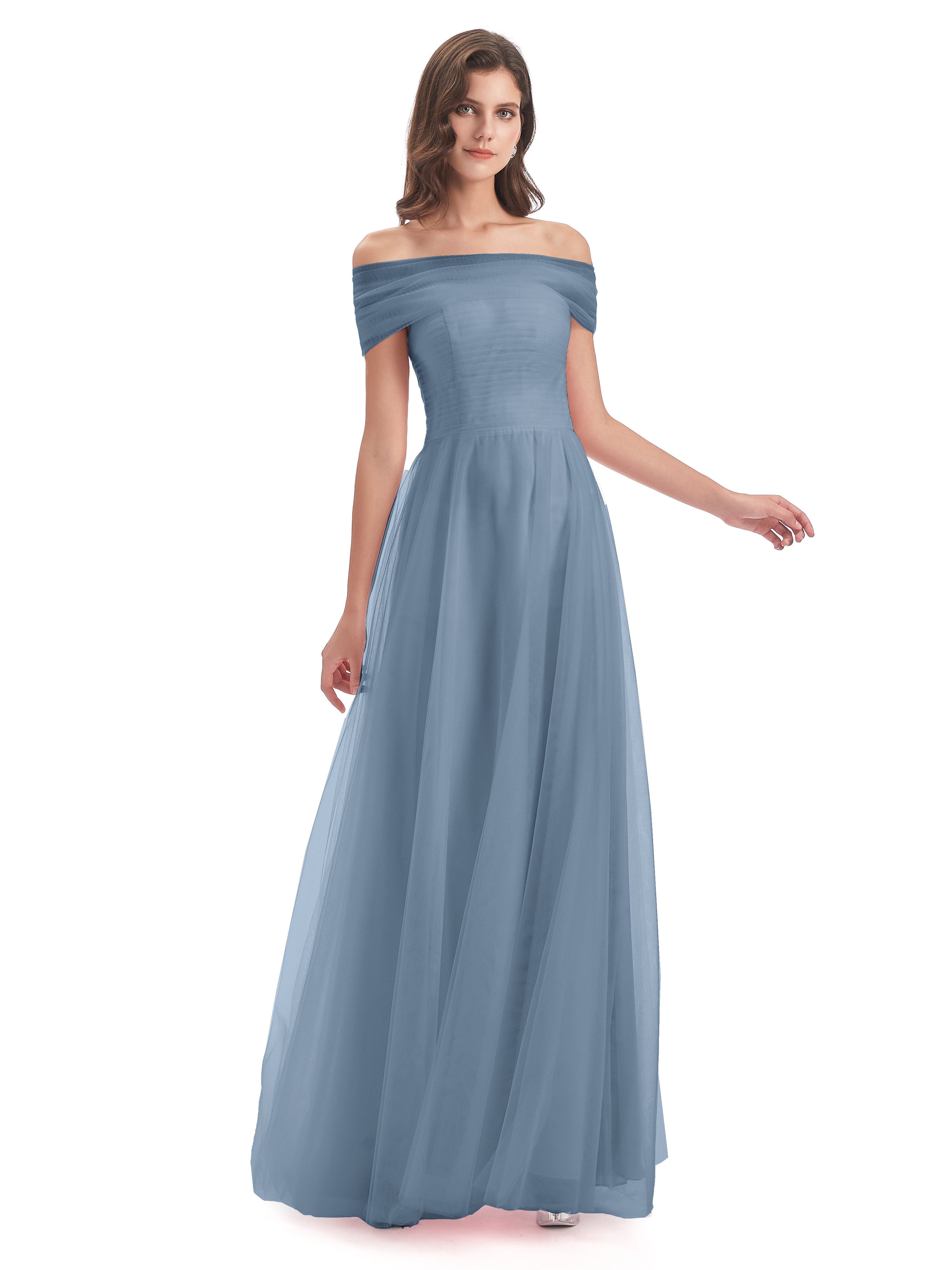 Slate Blue Bridesmaid Dress Sylvie Off The Shoulder Flowy Long Tulle/C