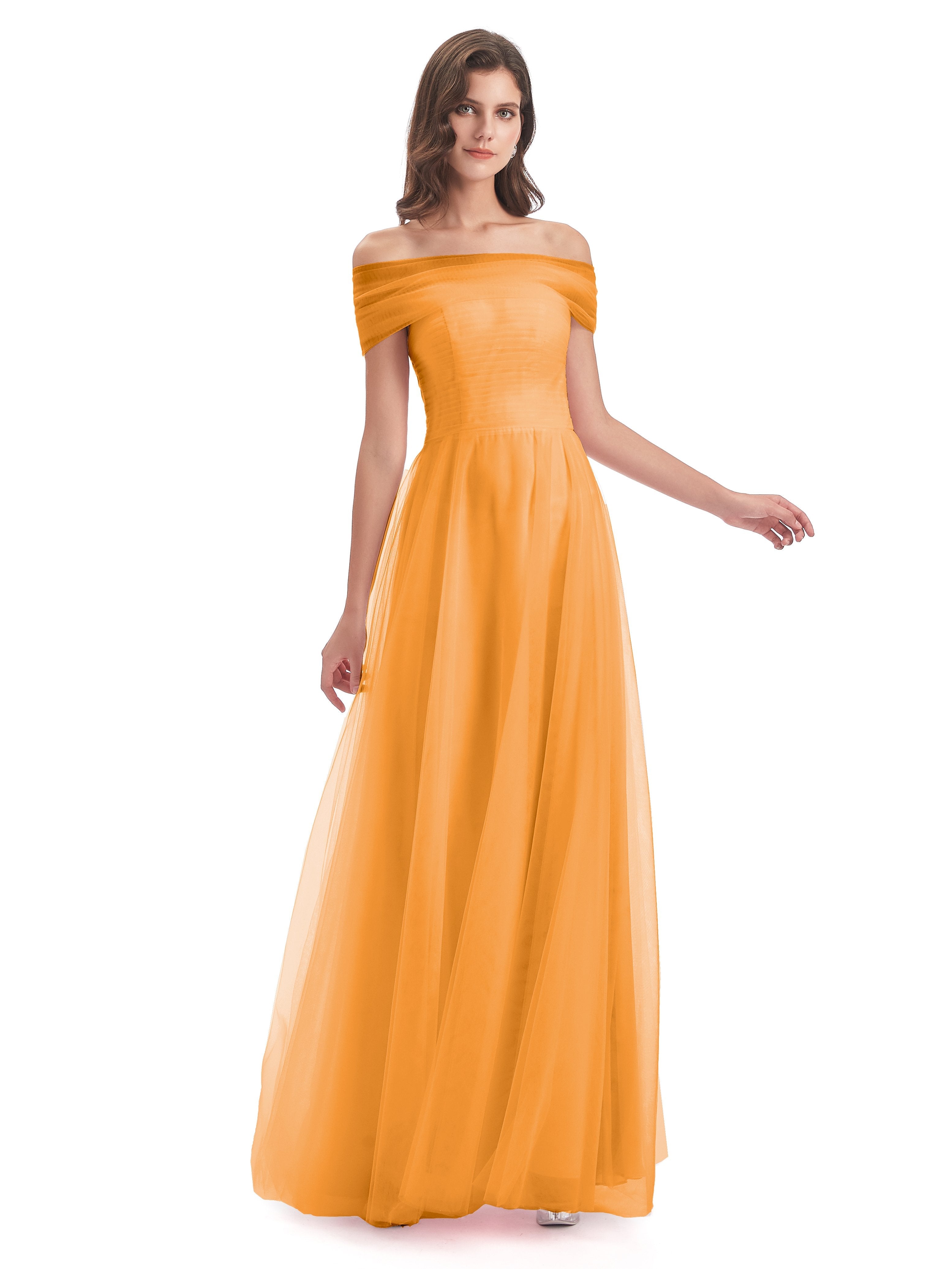 Tangerine Bridesmaid Dresses Sylvie Off The Shoulder Flowy Long Tulle/