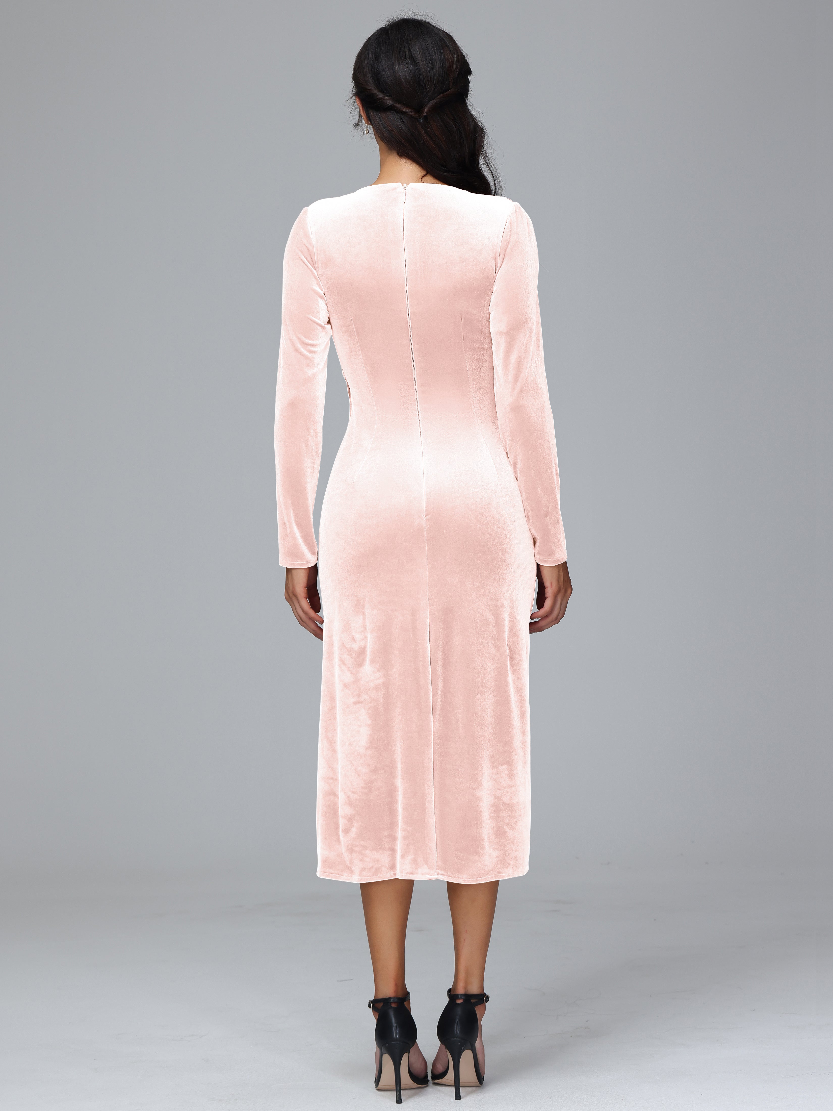 V-Neck Long Sleeves Pleats Tea Length Velvet Dresses With Split
