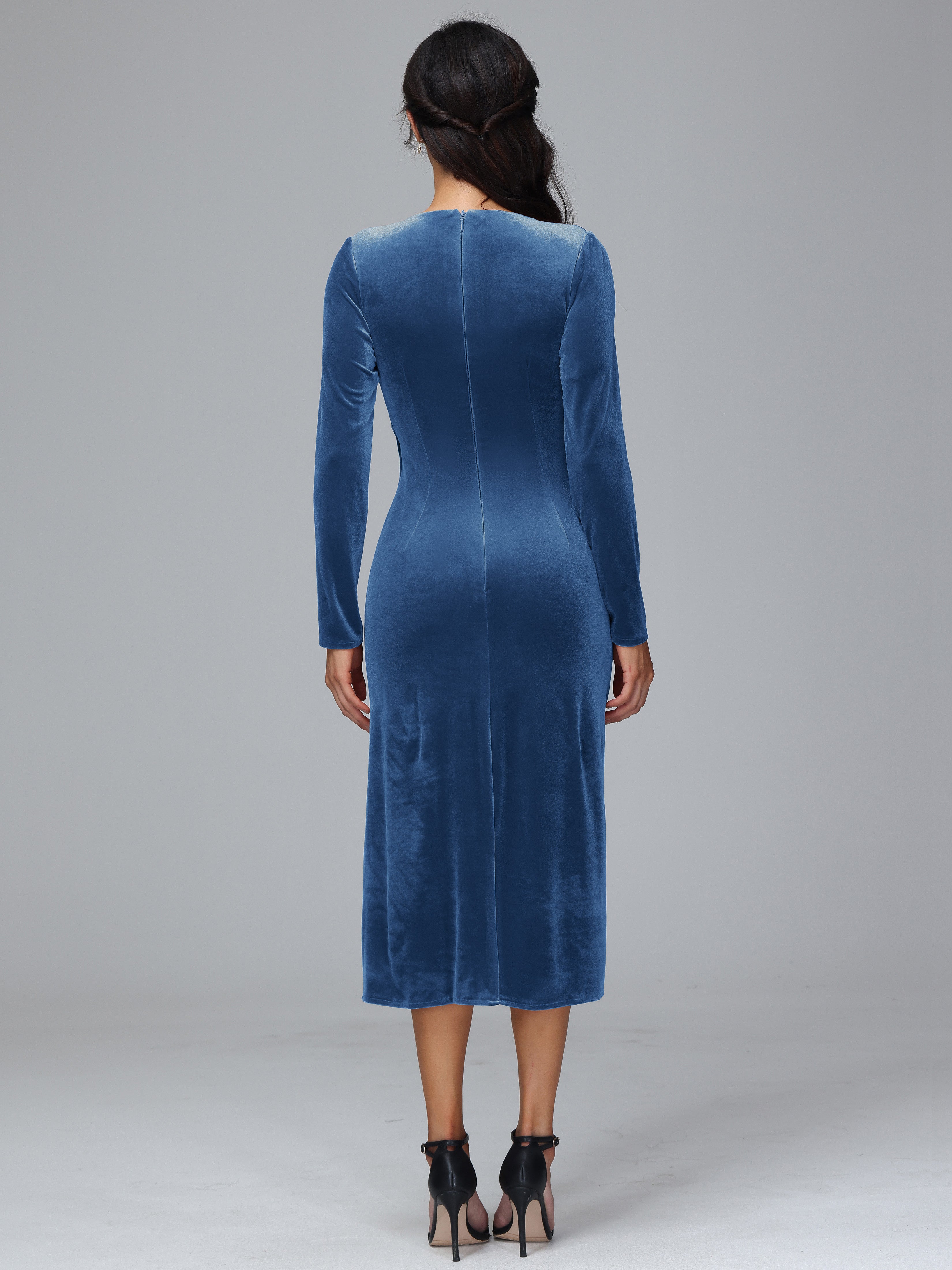 V-Neck Long Sleeves Pleats Tea Length Velvet Dresses With Split