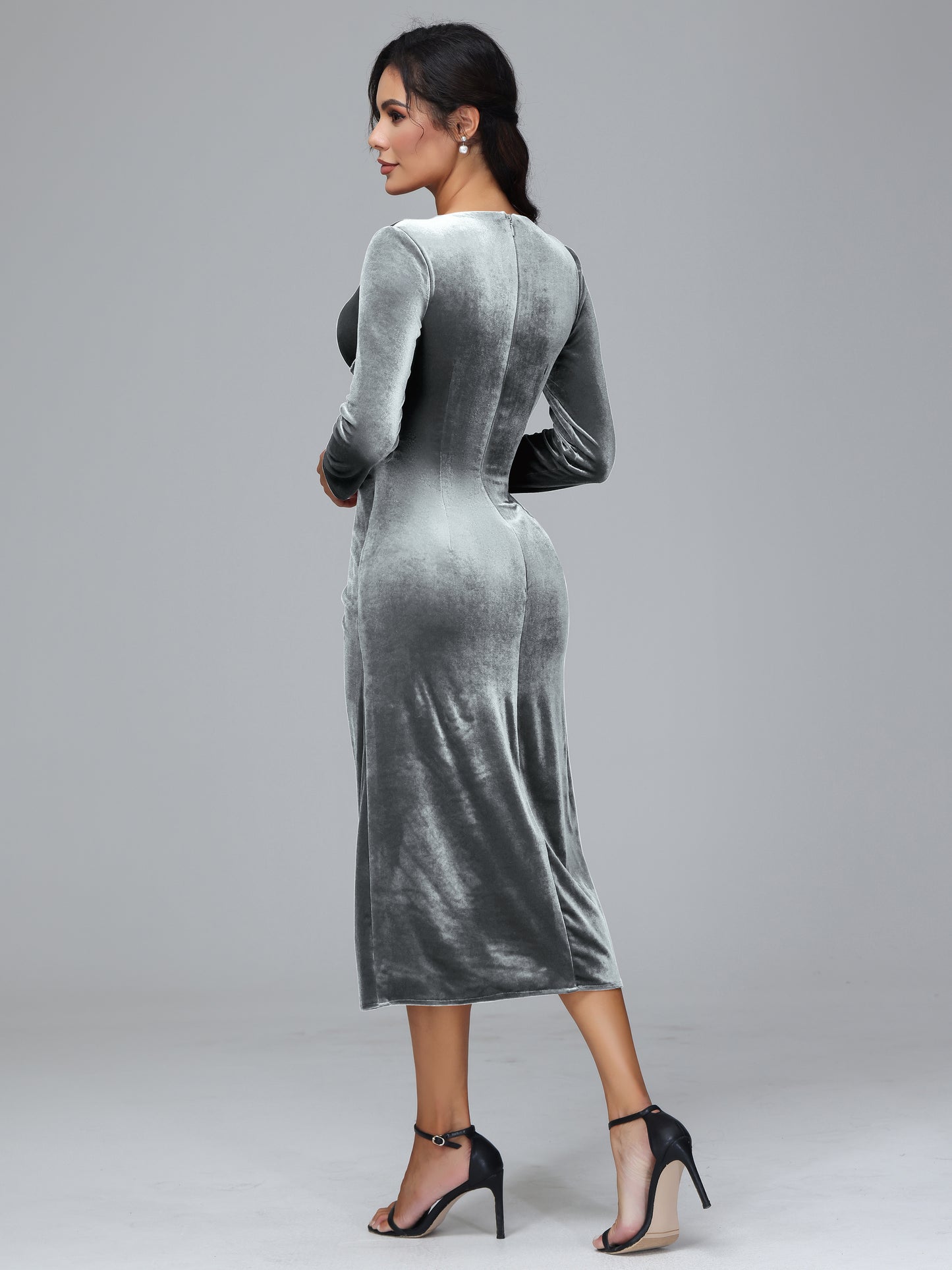 V-Neck Long Sleeves Pleats Tea Length Velvet Dresses With Split