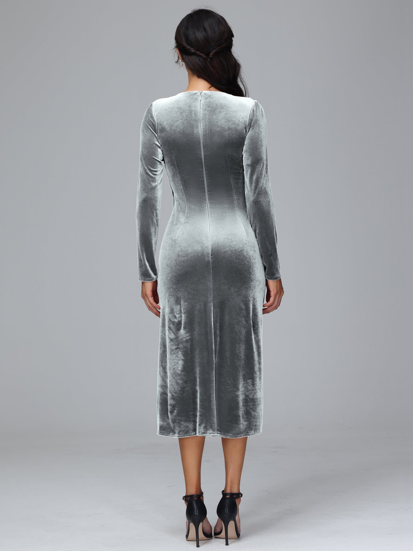 V-Neck Long Sleeves Pleats Tea Length Velvet Dresses With Split