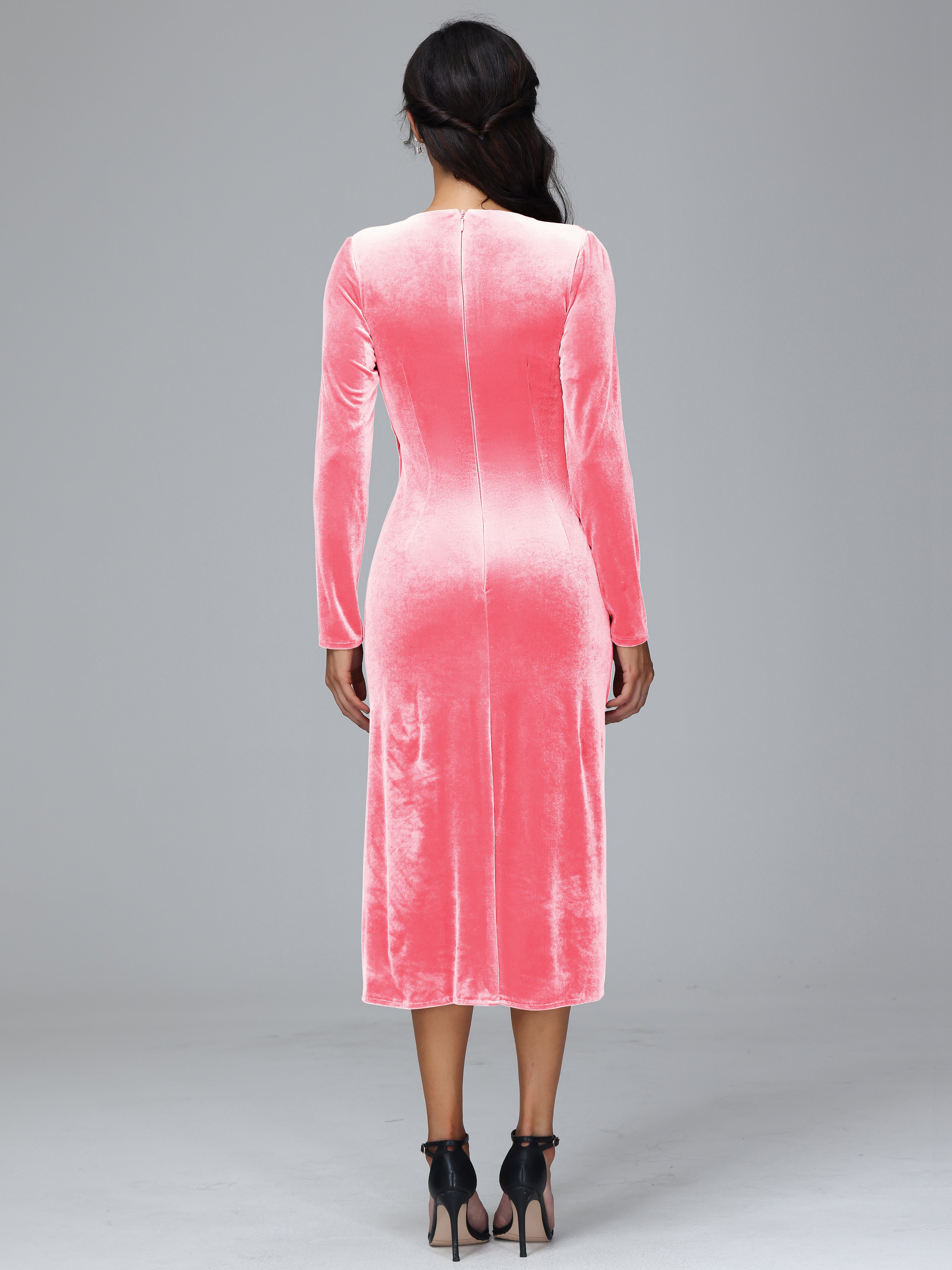 V-Neck Long Sleeves Pleats Tea Length Velvet Dresses With Split
