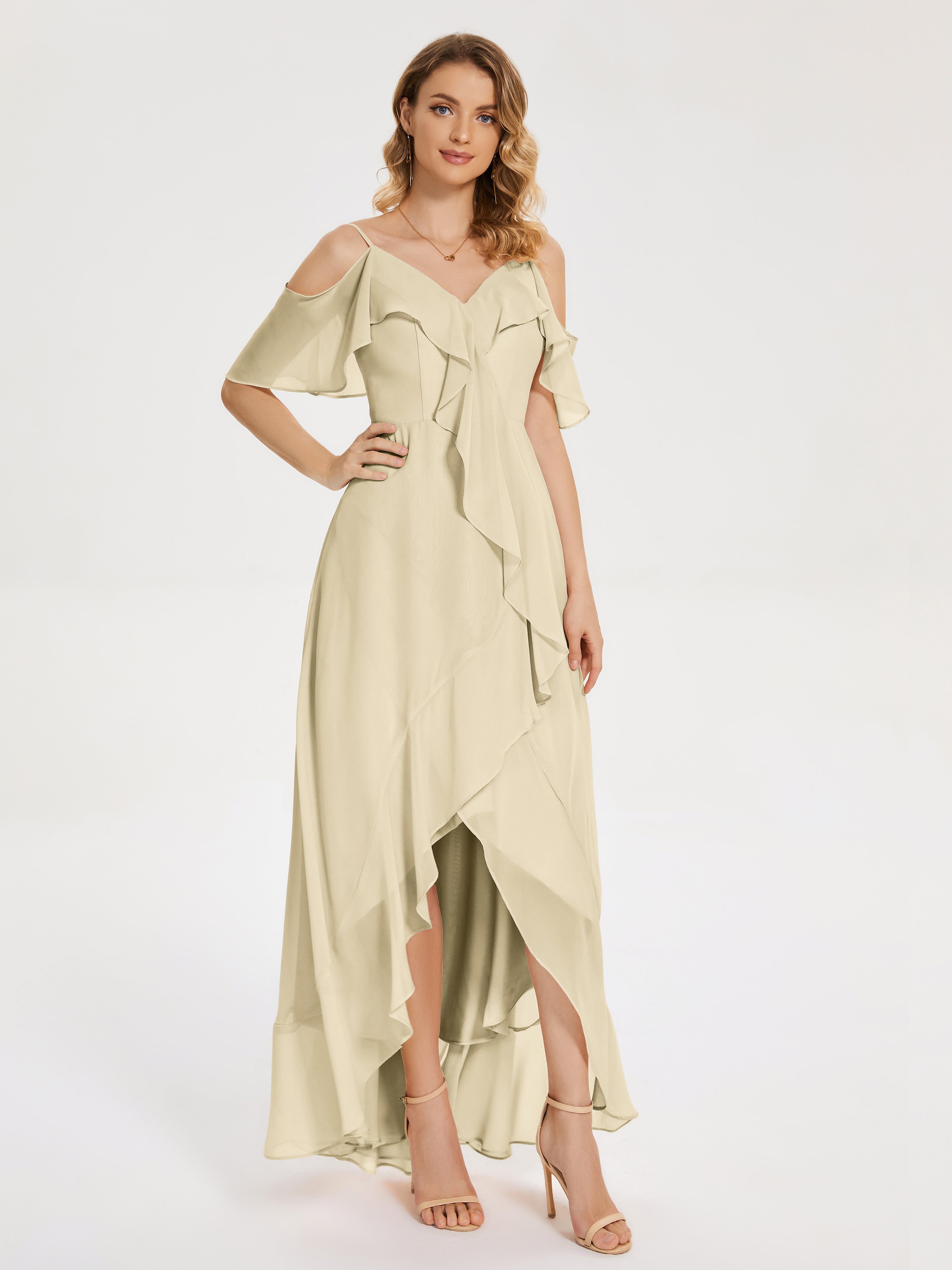 Champagne Colour Bridesmaid Dresses Leia Cute Drape Sleeves Chiffon Br
