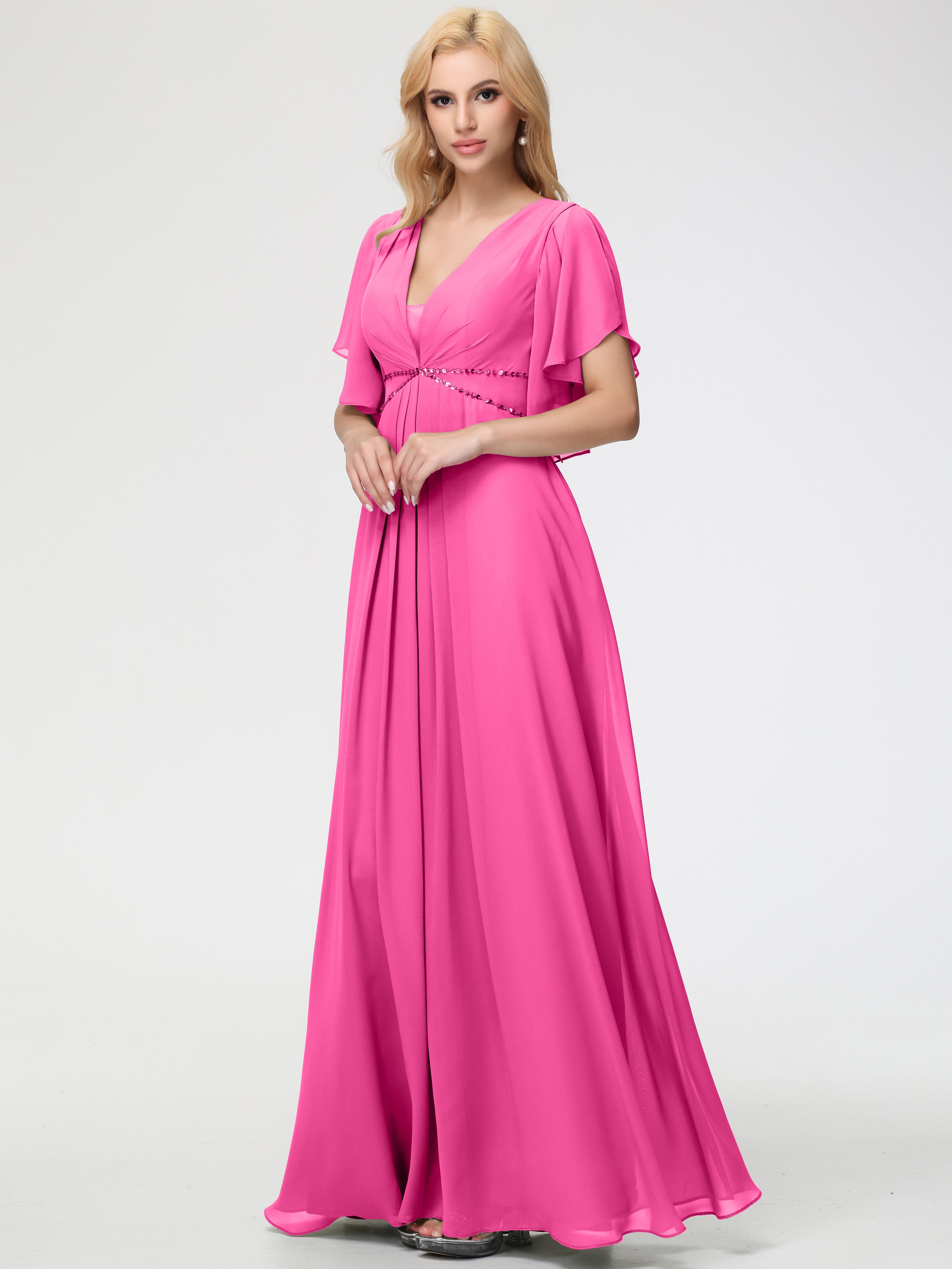 A-Line Sequins Sleeves Floor-Length Chiffon Bridesmaid Dresses