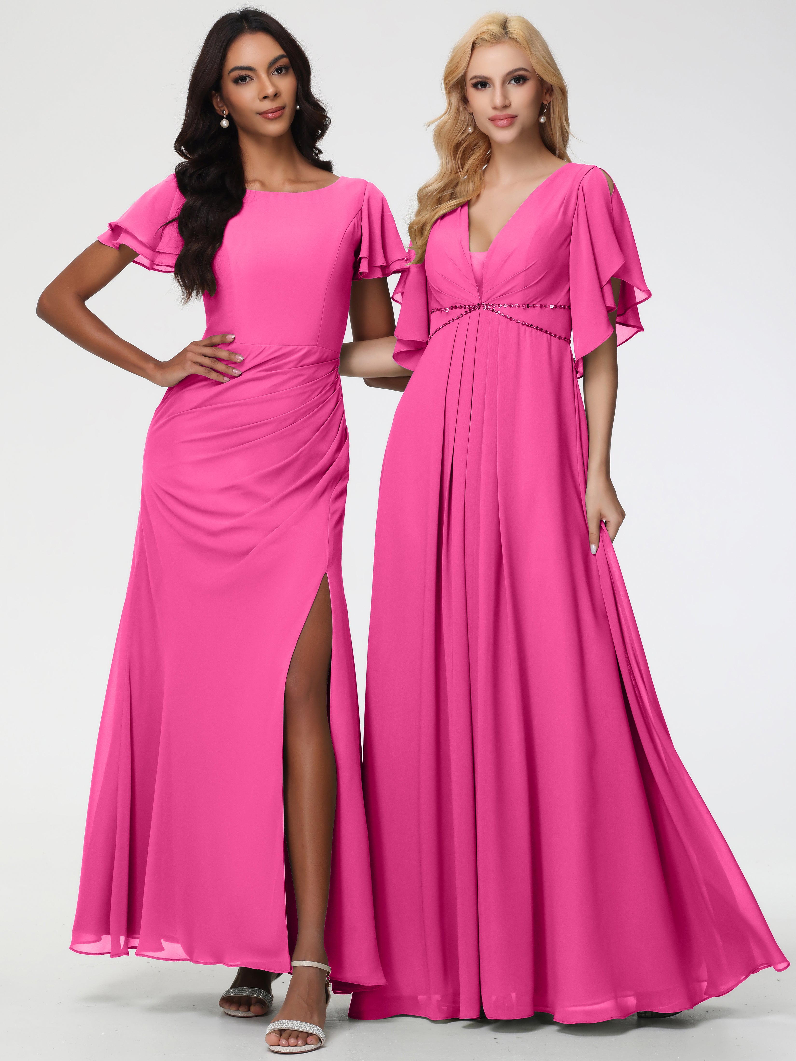 A-Line Sequins Sleeves Floor-Length Chiffon Bridesmaid Dresses