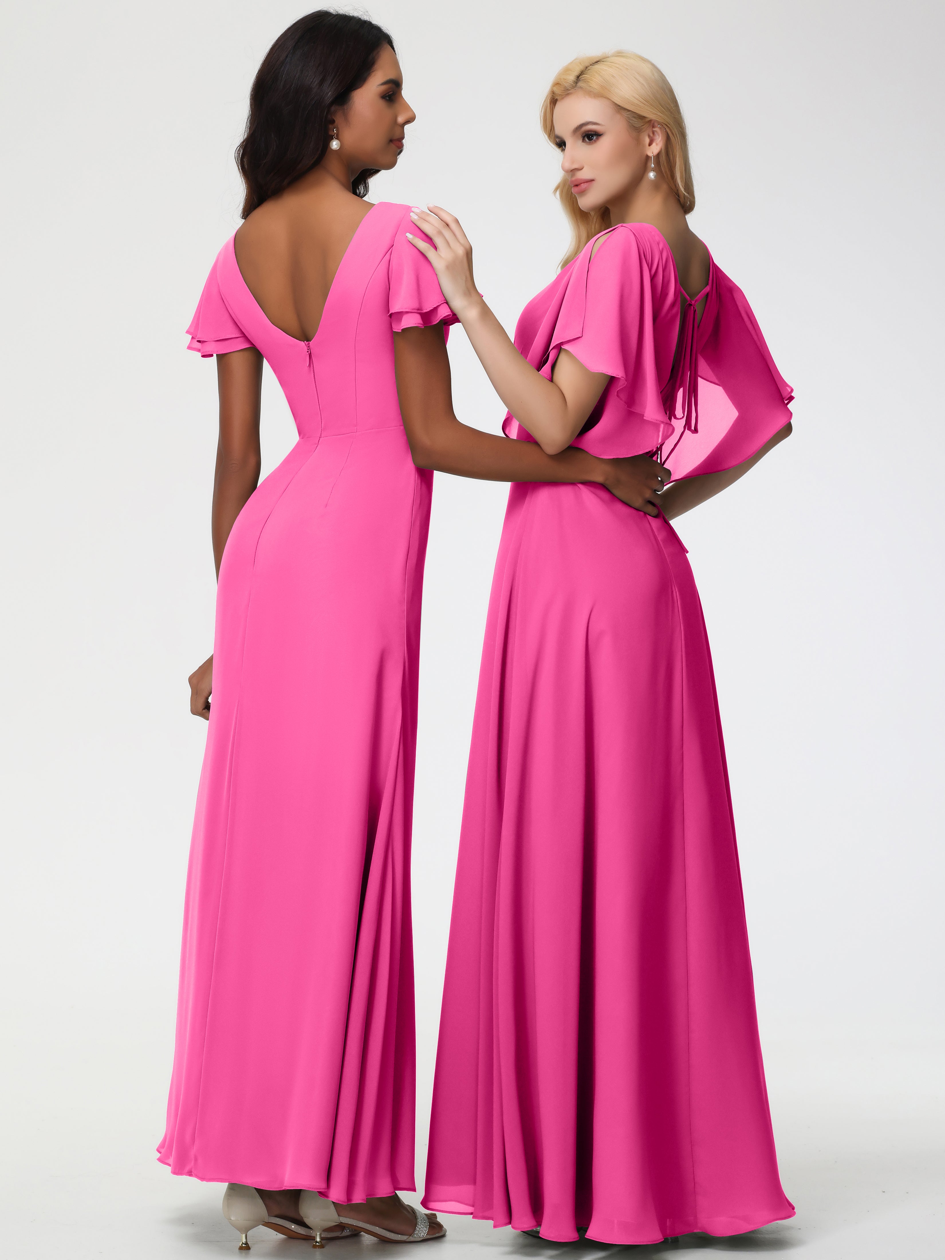 A-Line Sequins Sleeves Floor-Length Chiffon Bridesmaid Dresses