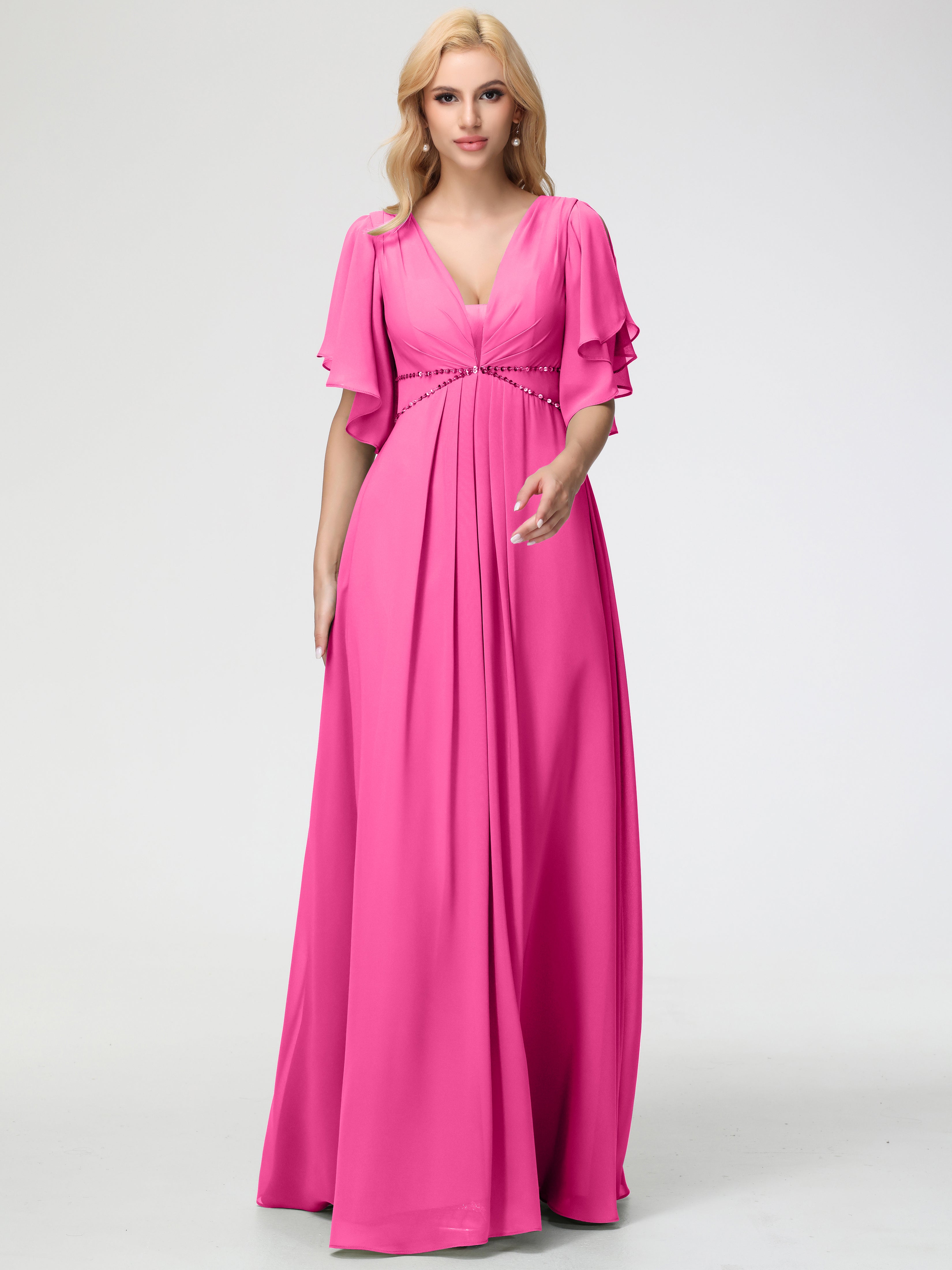 A-Line Sequins Sleeves Floor-Length Chiffon Bridesmaid Dresses
