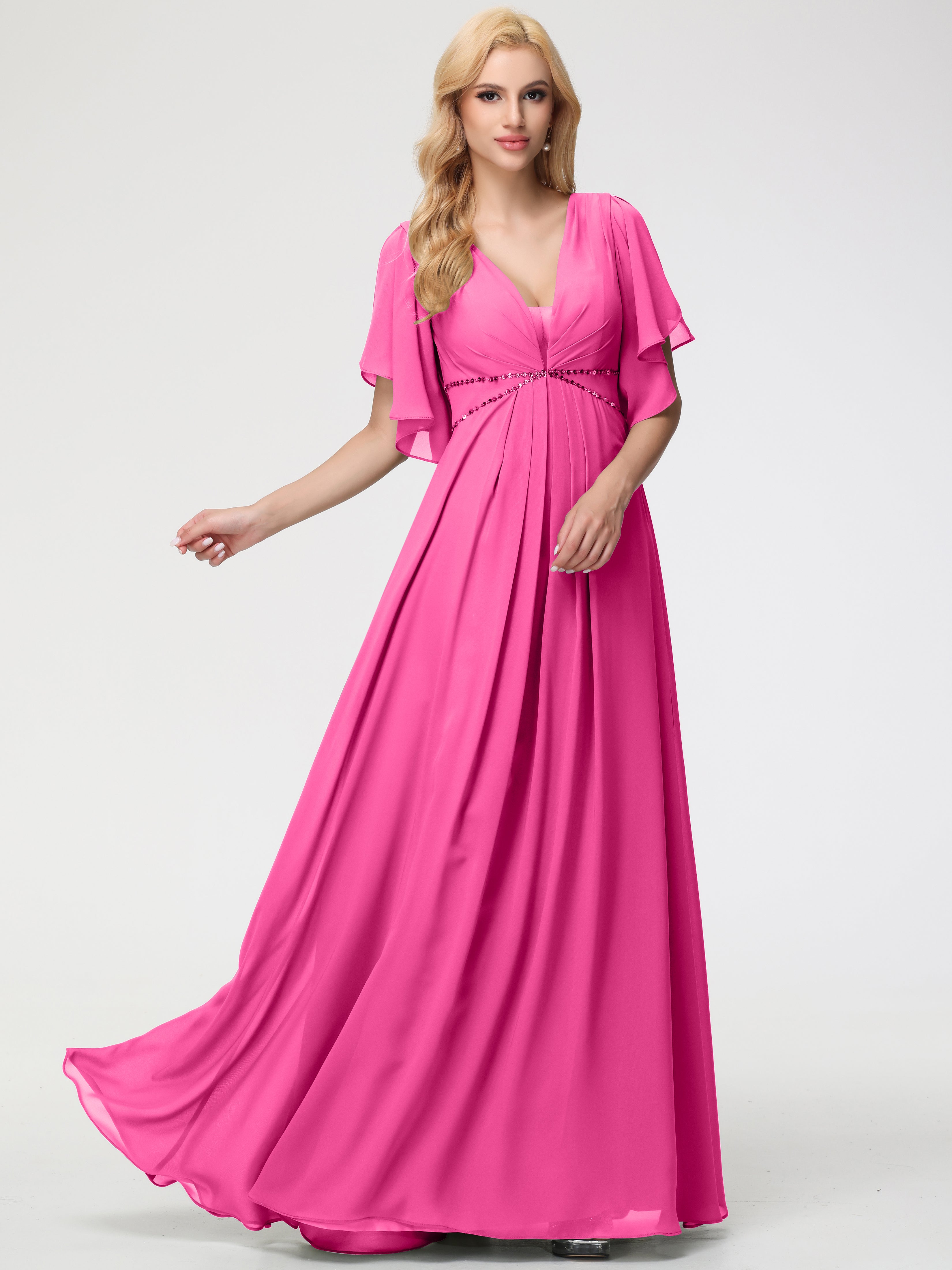 A-Line Sequins Sleeves Floor-Length Chiffon Bridesmaid Dresses