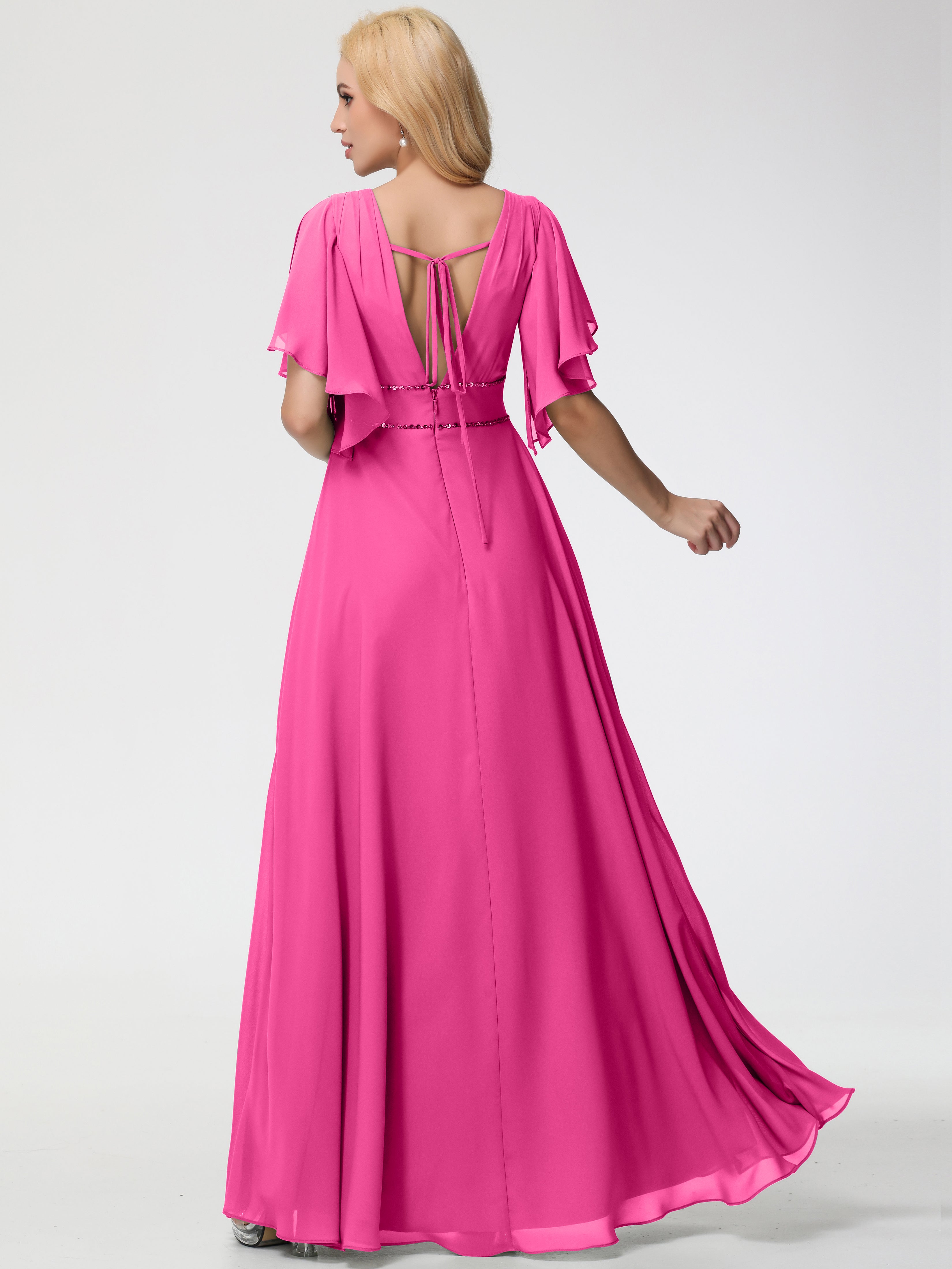A-Line Sequins Sleeves Floor-Length Chiffon Bridesmaid Dresses