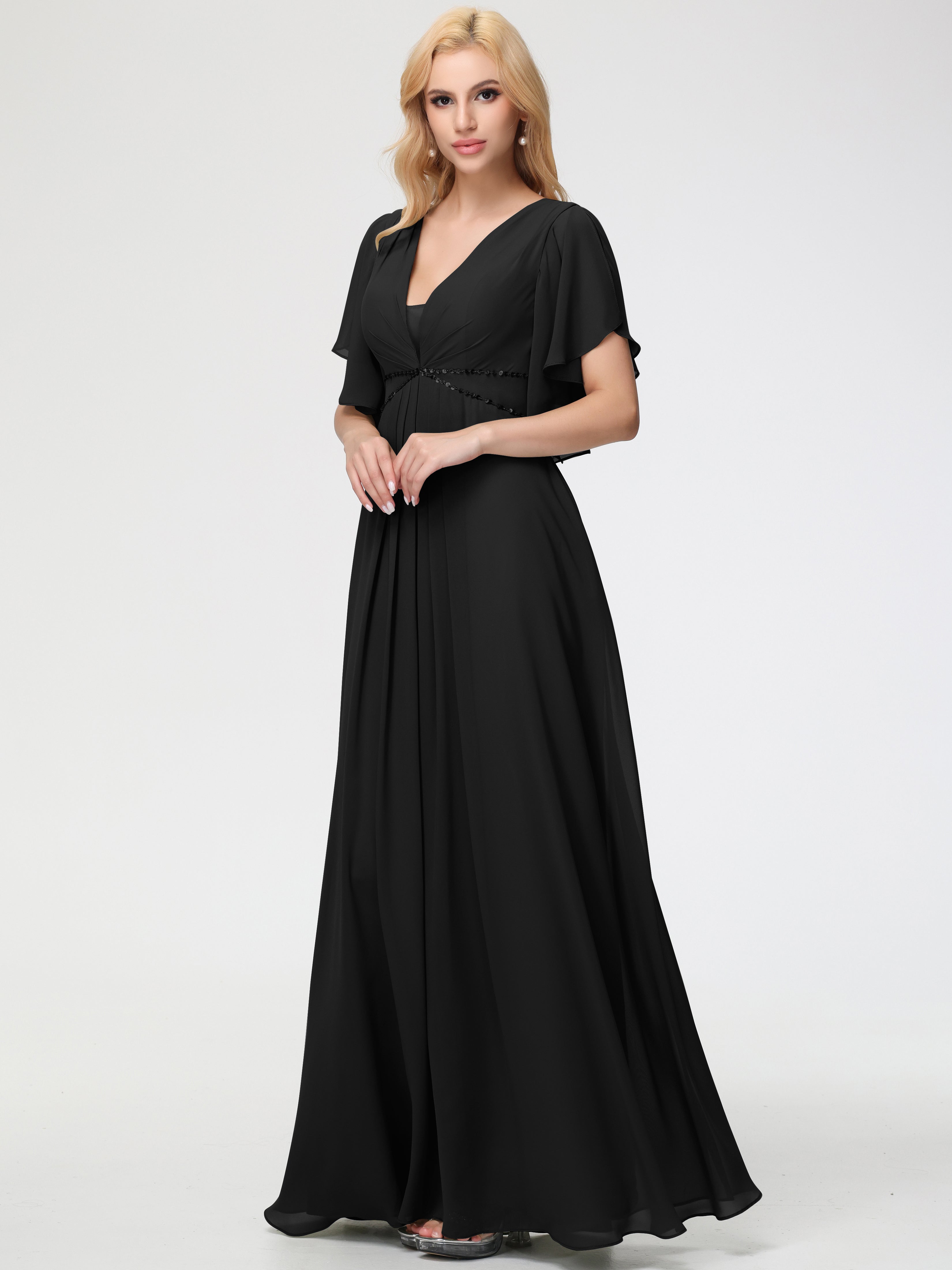 A-Line Sequins Sleeves Floor-Length Chiffon Bridesmaid Dresses