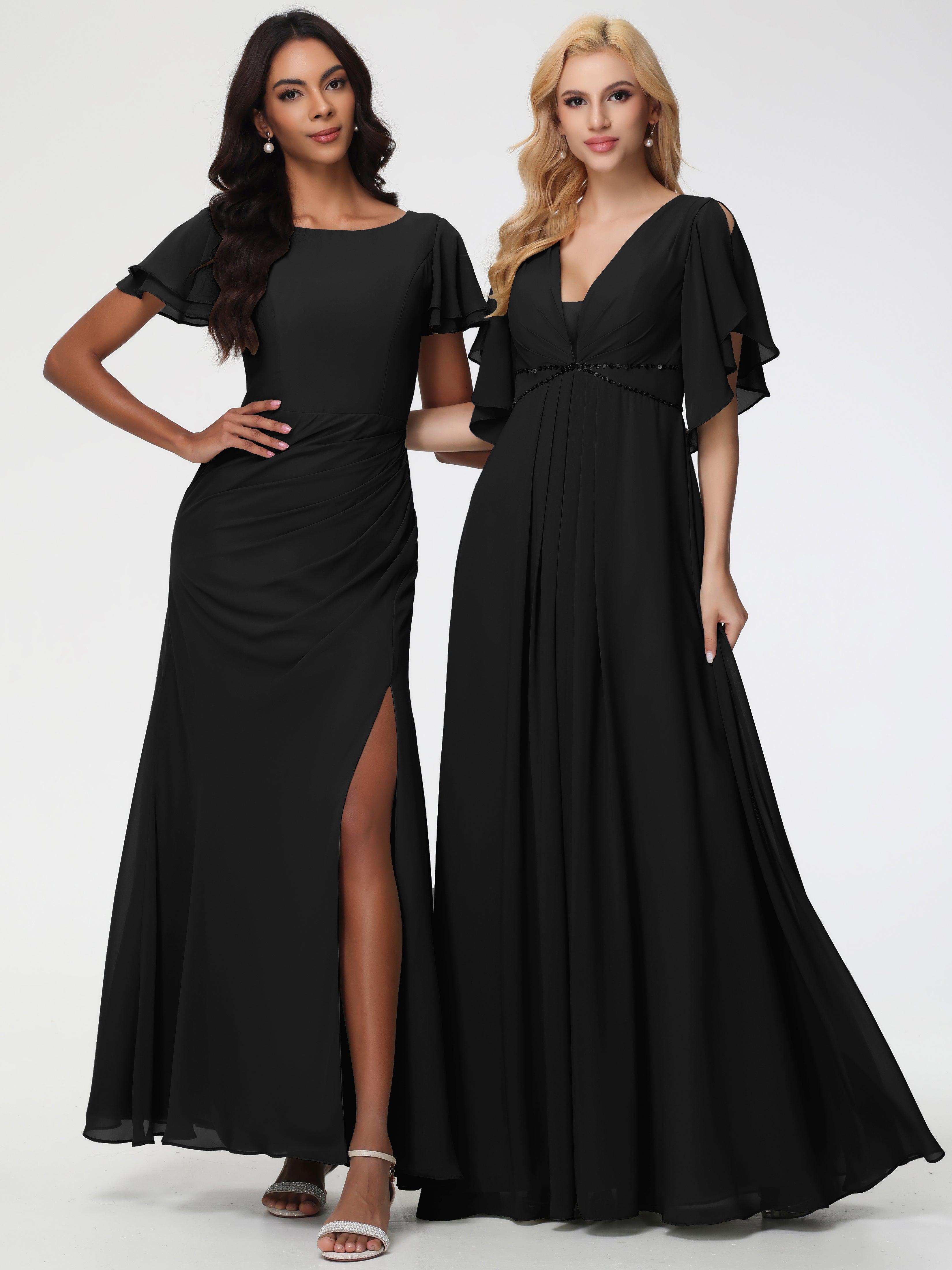 A-Line Sequins Sleeves Floor-Length Chiffon Bridesmaid Dresses