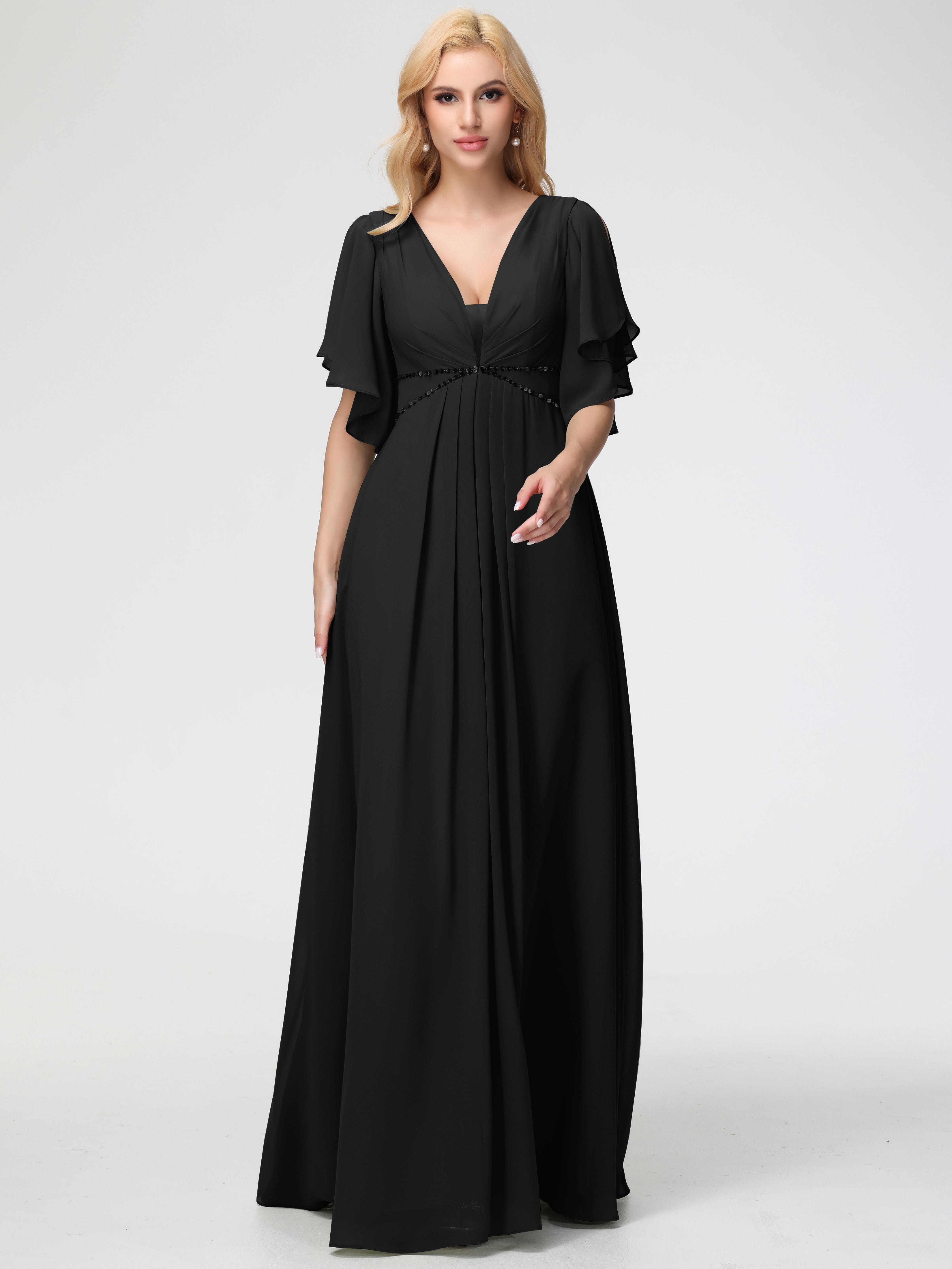 A-Line Sequins Sleeves Floor-Length Chiffon Bridesmaid Dresses