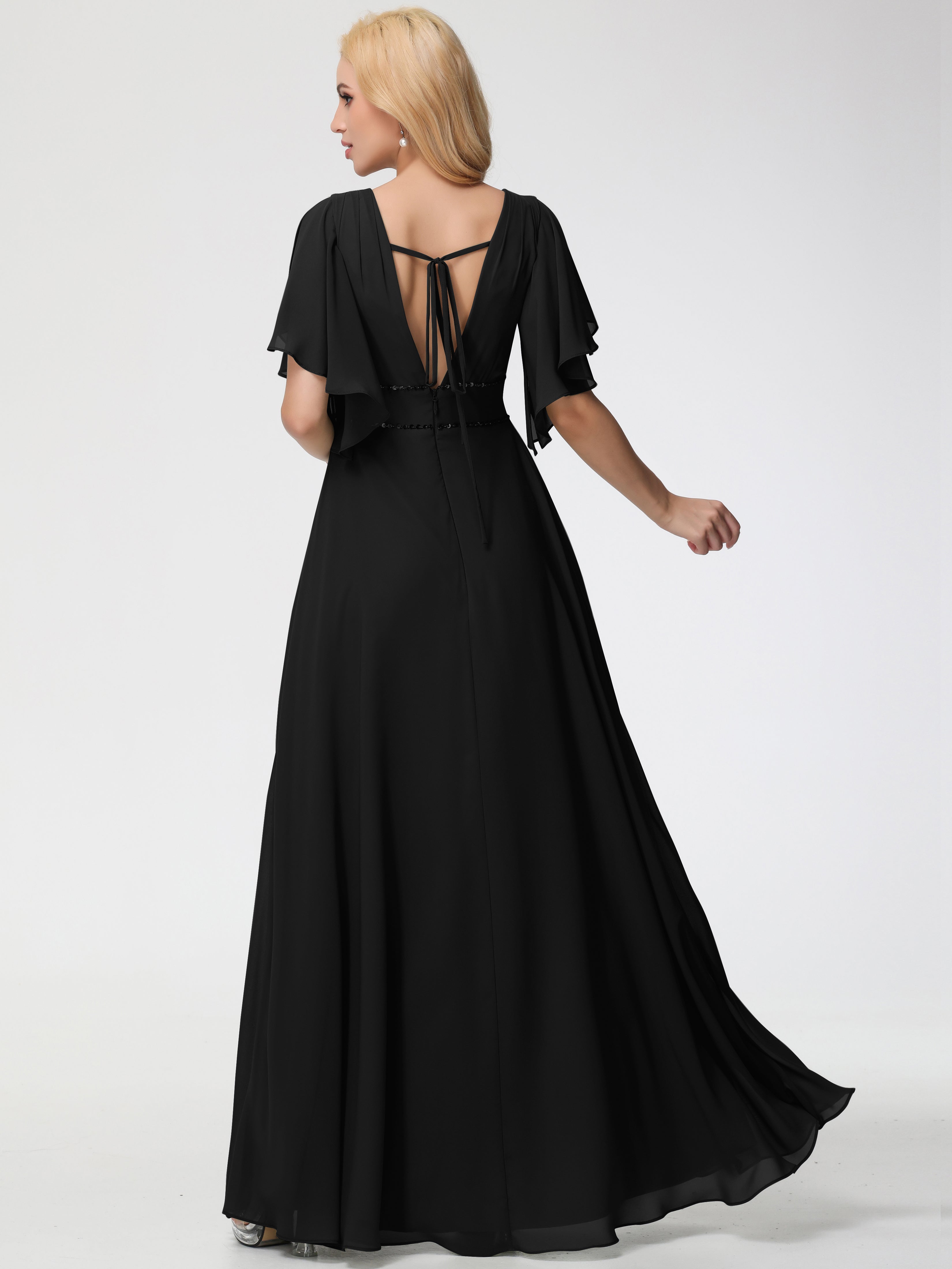 A-Line Sequins Sleeves Floor-Length Chiffon Bridesmaid Dresses